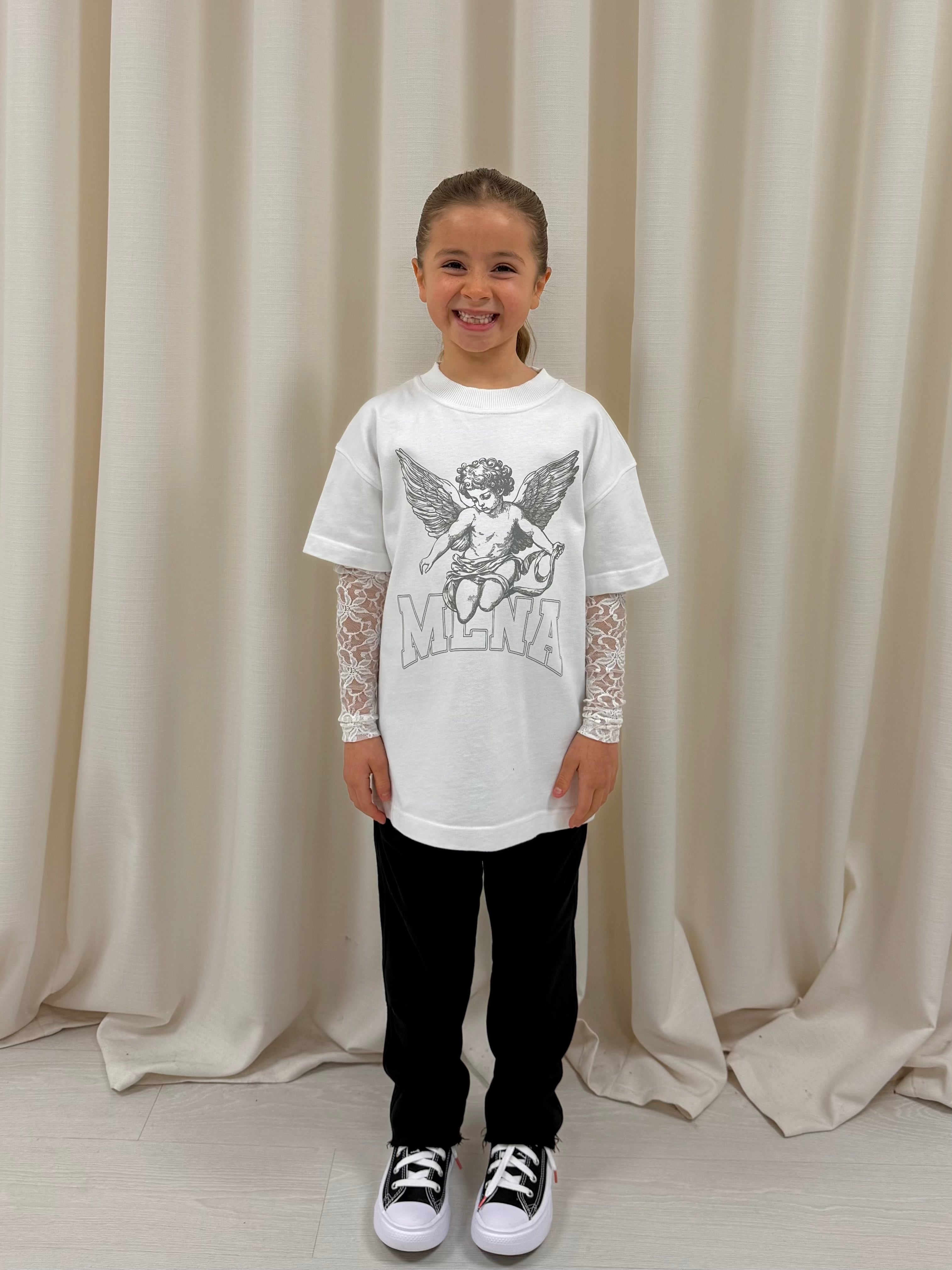 White Stencilled Cherub Lace Kids Long Sleeve.