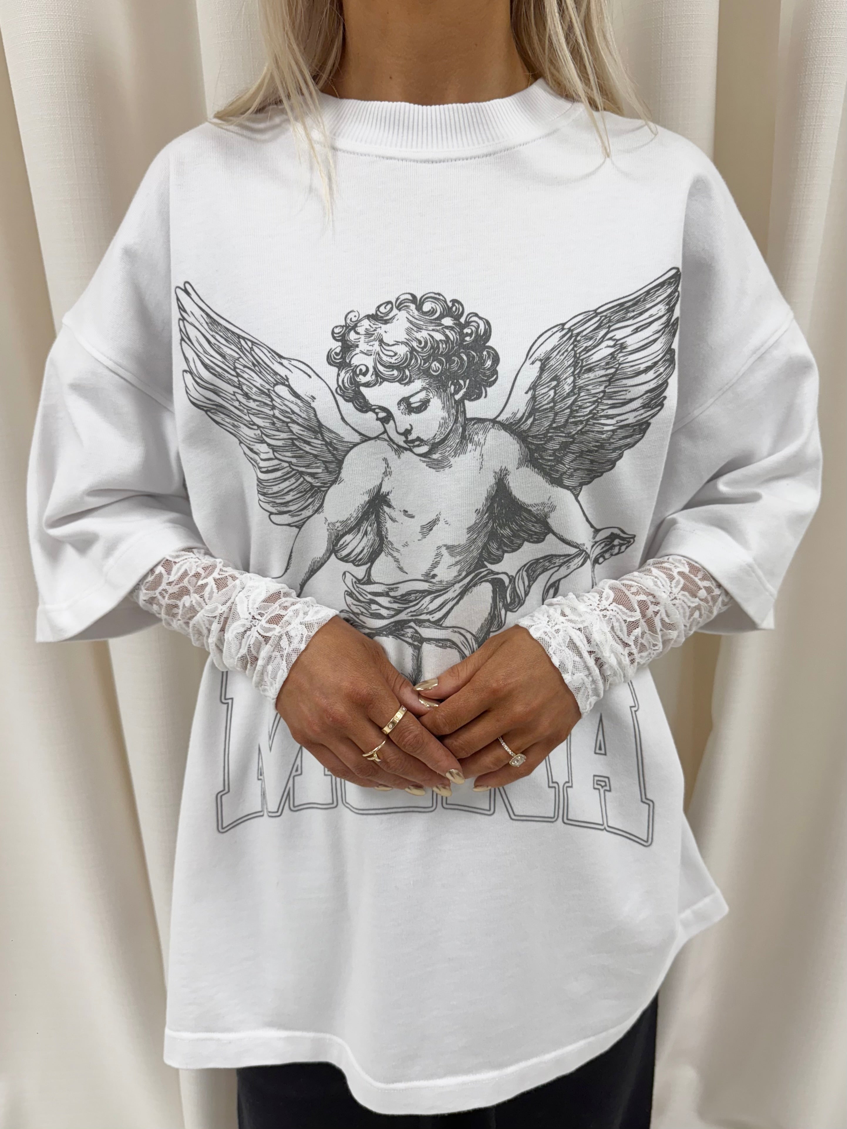 White Lace Stencilled Cherub Heavyweight T-shirt.