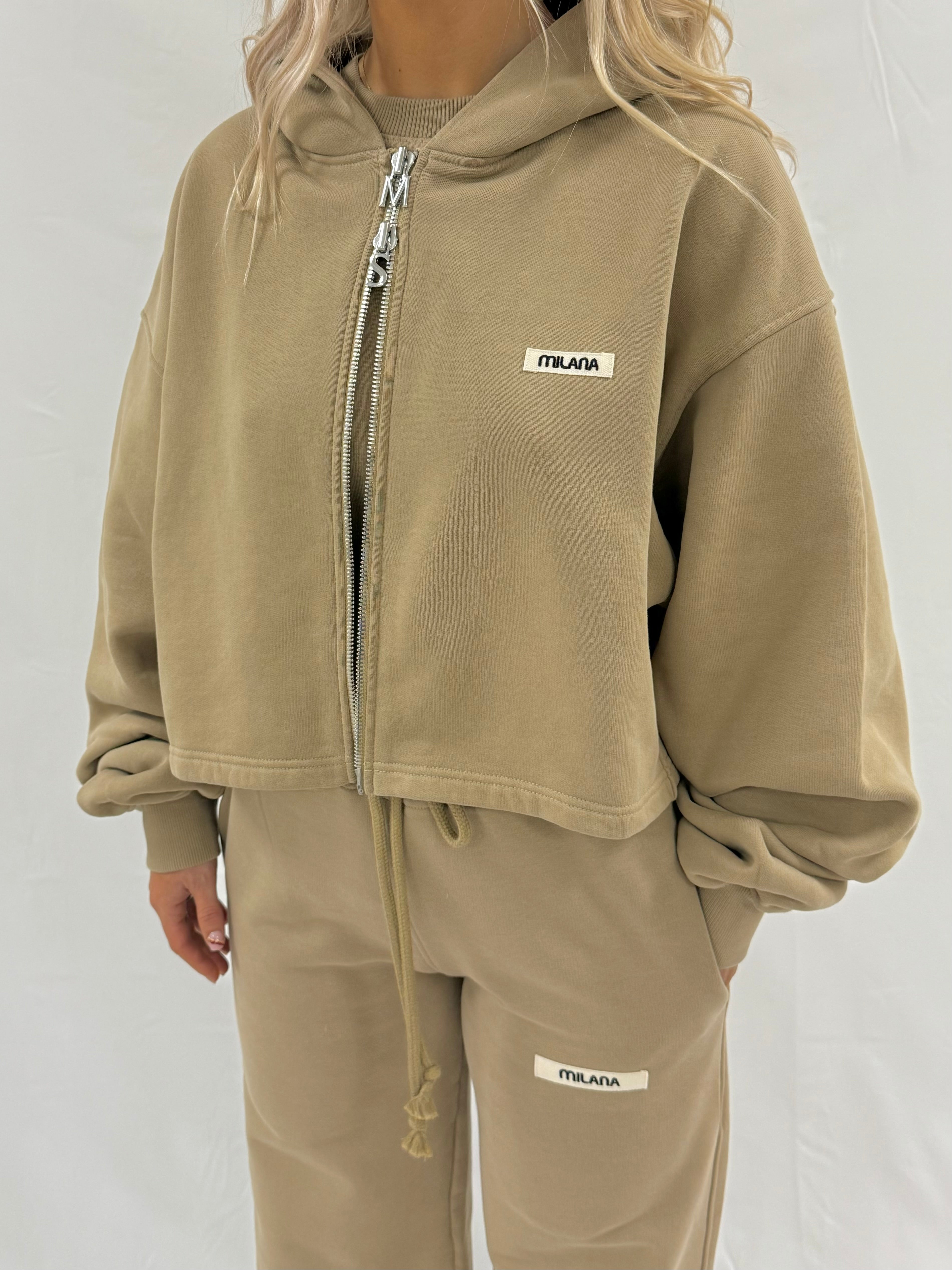 Khaki Brown Core Cropped Zip Hoodie.