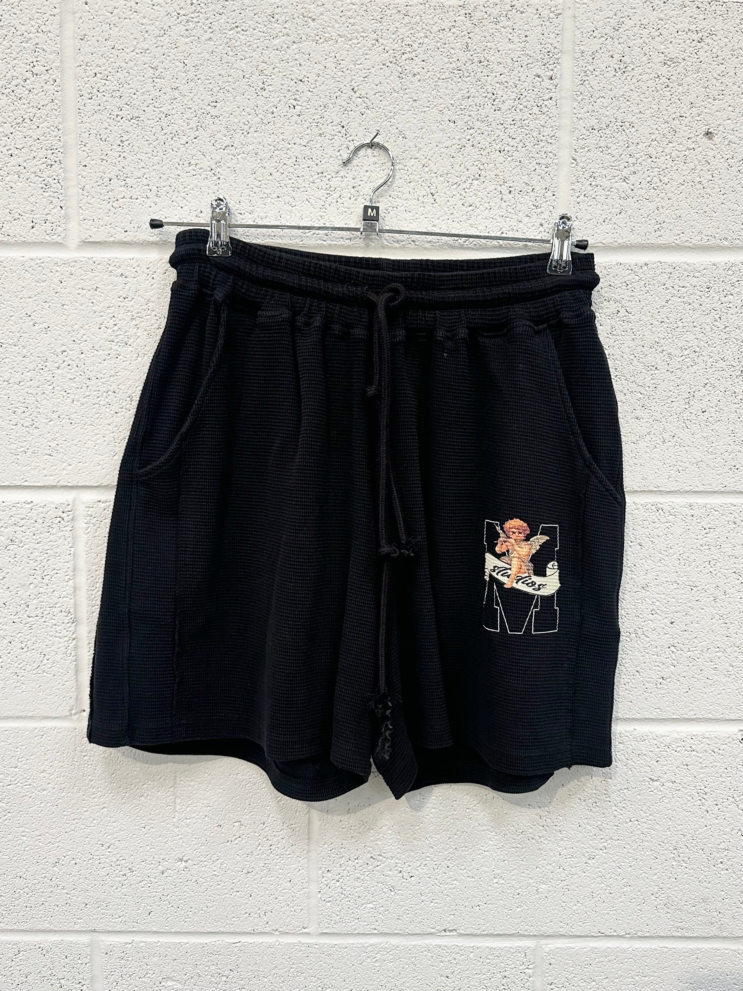 #CC40 Black Cherub Waffle Relaxed Shorts.