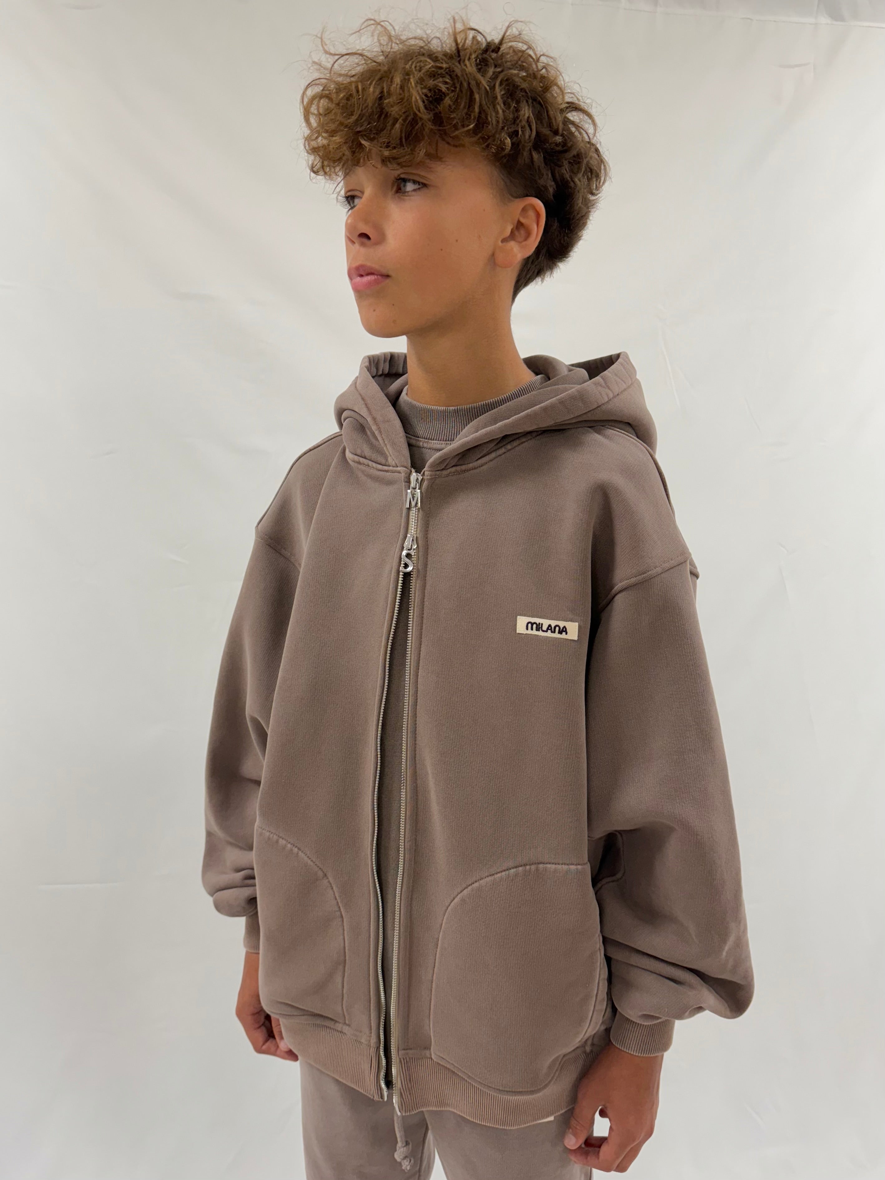 Washed Brown Core Kids Zip Hoodie.