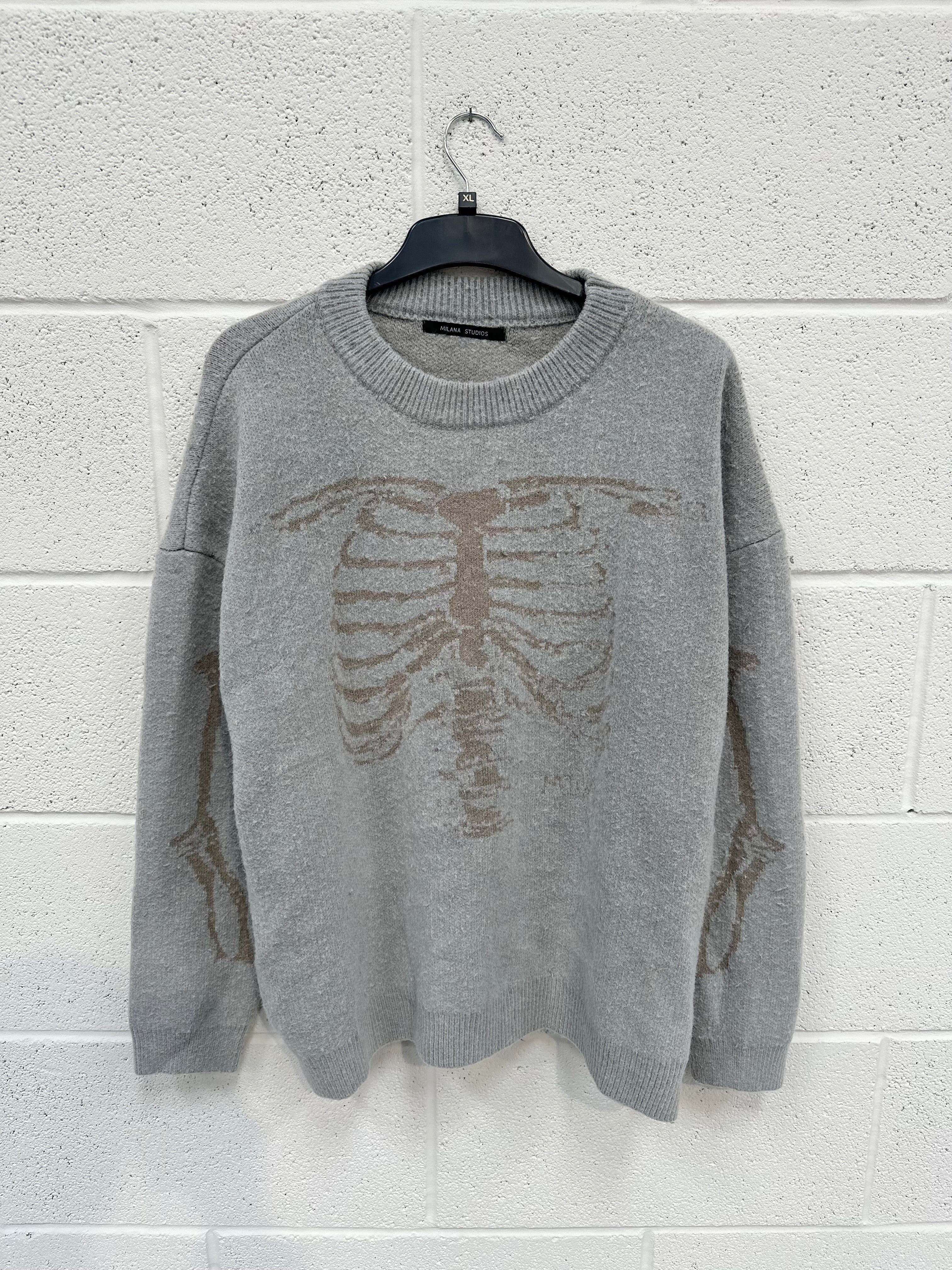 #N12 Washed Grey Knitted Skeleton Sweatshirt.