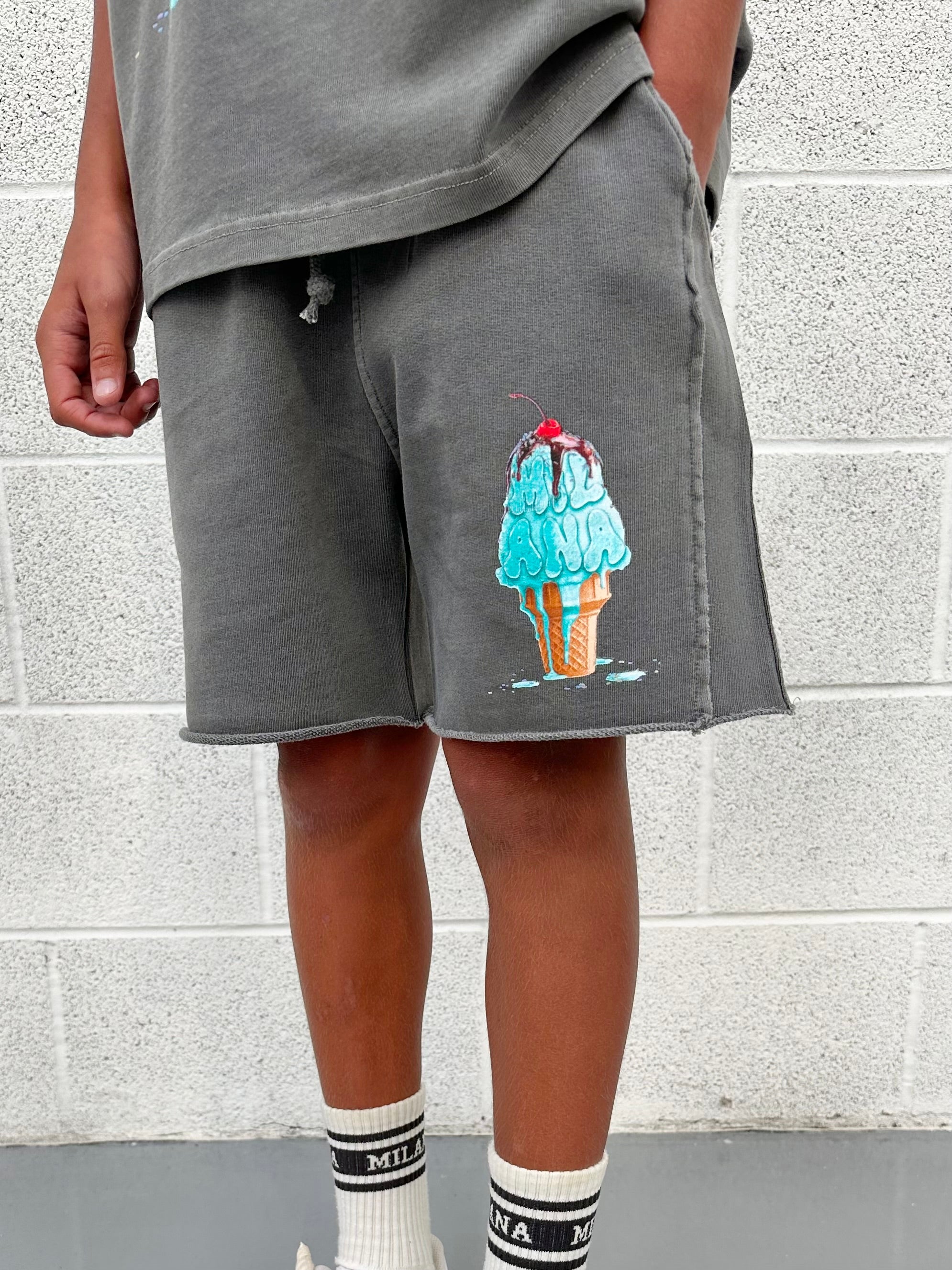 Washed Charcoal Ice Cream Kids Shorts.