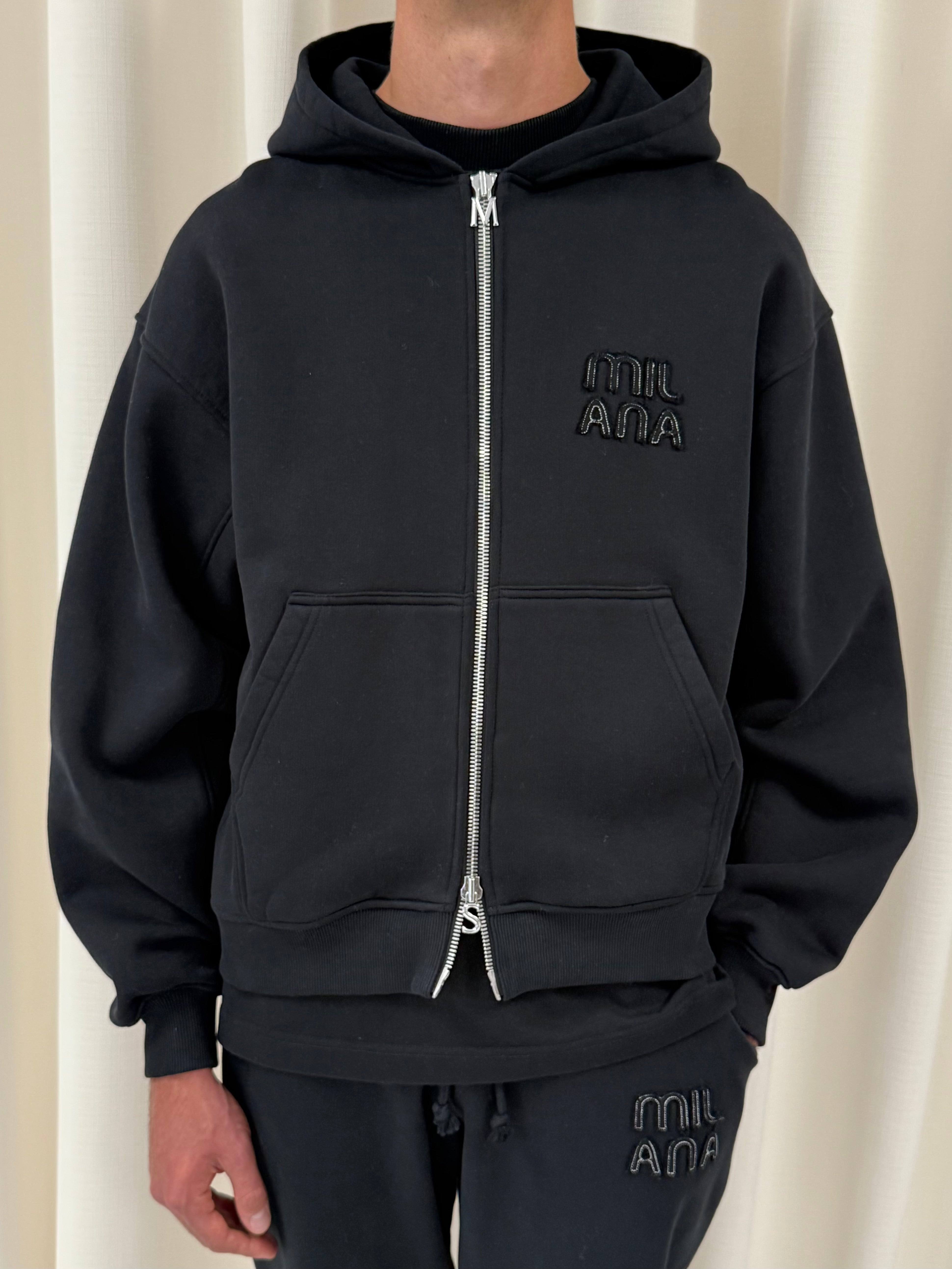 Black Milana Appliqué Heavyweight Zip Hoodie.