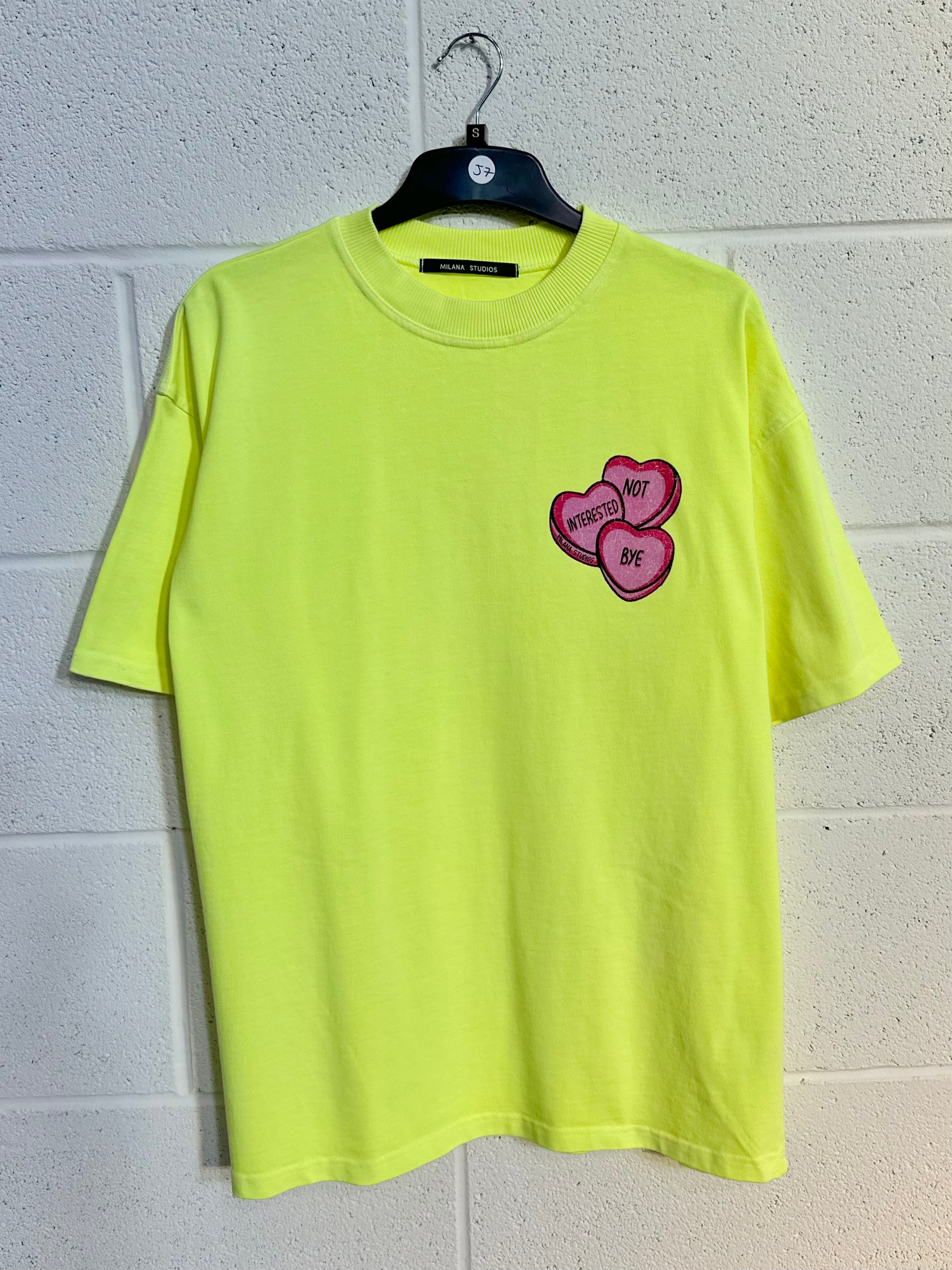 #J7 Washed Neon Yellow Hearts Heavyweight T-shirt.