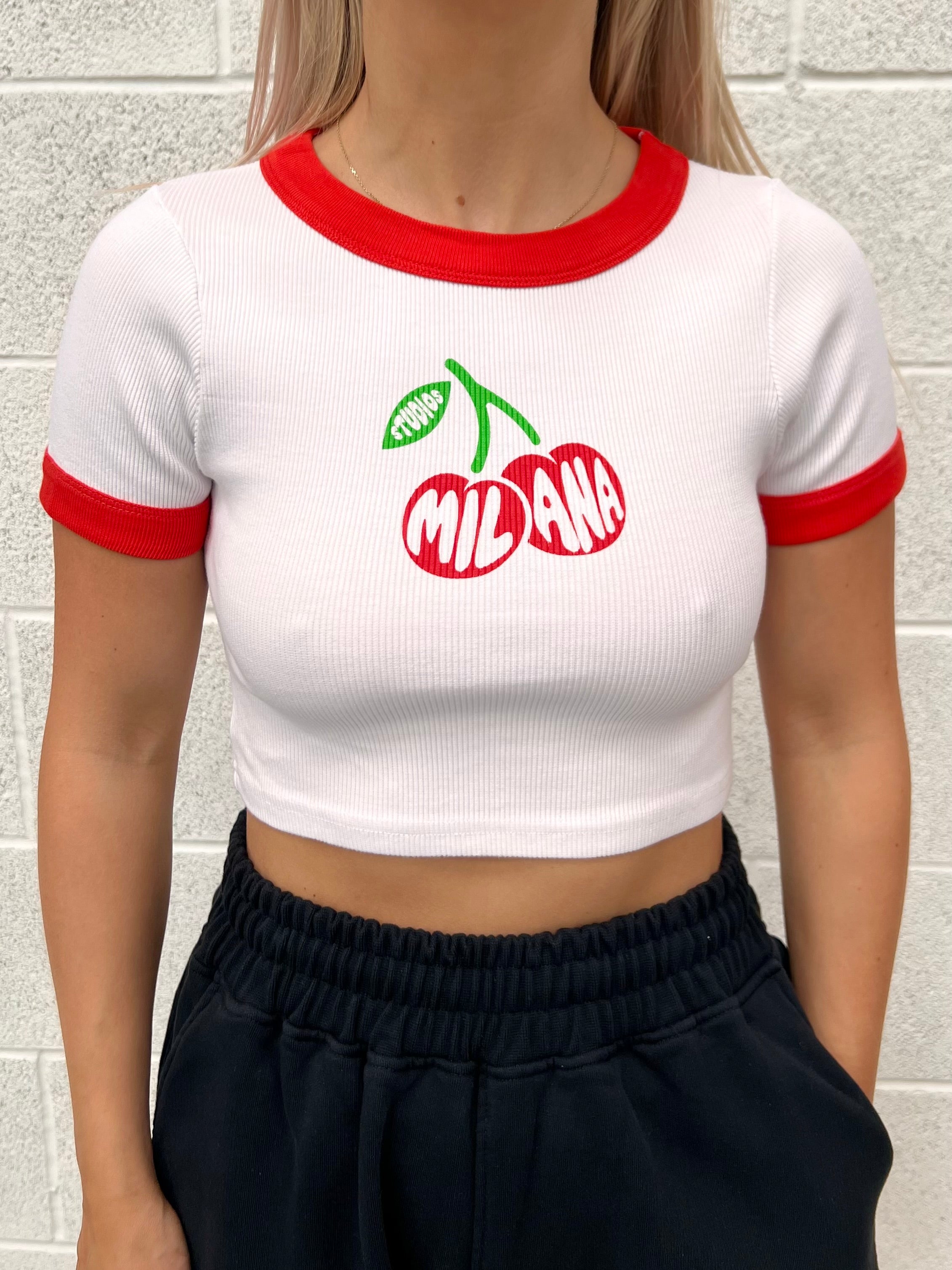 White And Red Cherry Baby Tee.