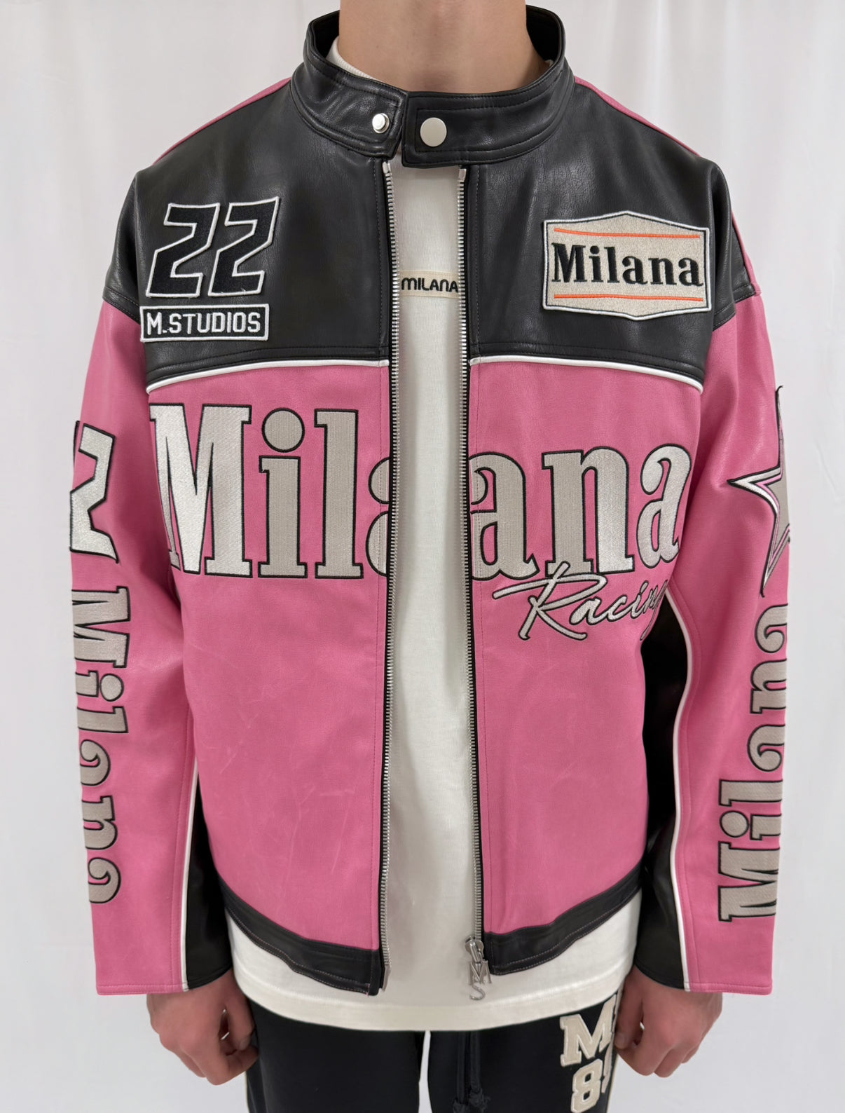 Pink Heavyweight Leather Biker Jacket.