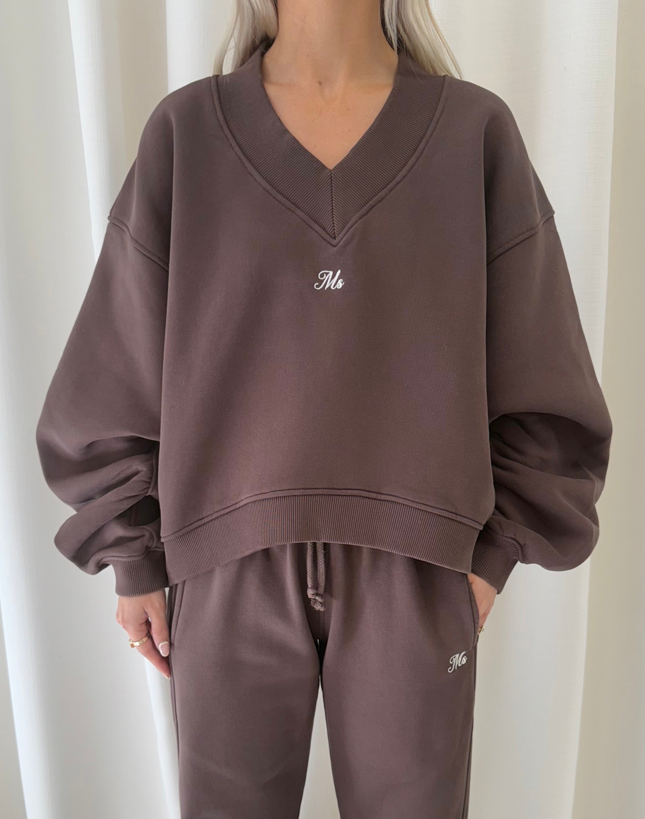 Chocolate Brown V Neck Sweatshirt.