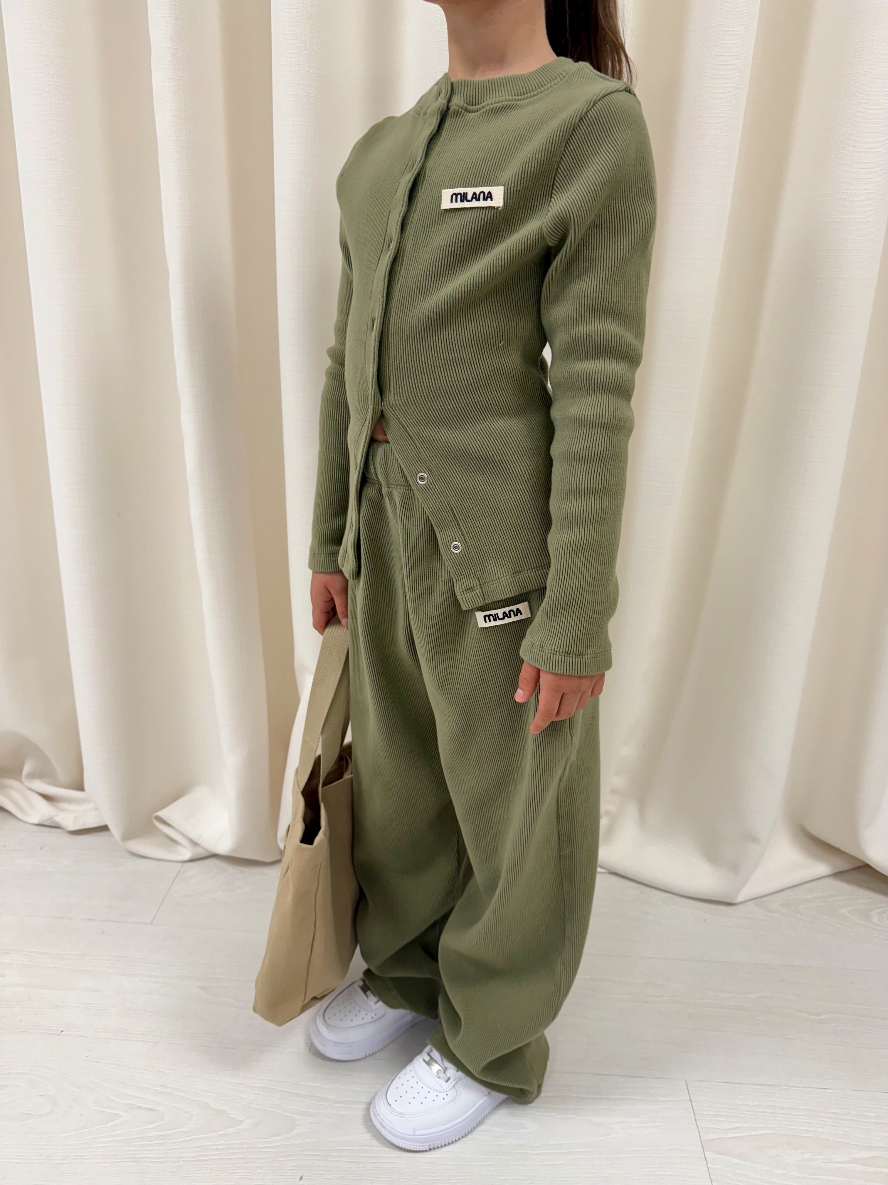 Khaki Green Button Soft Rib Kids Long Sleeve.