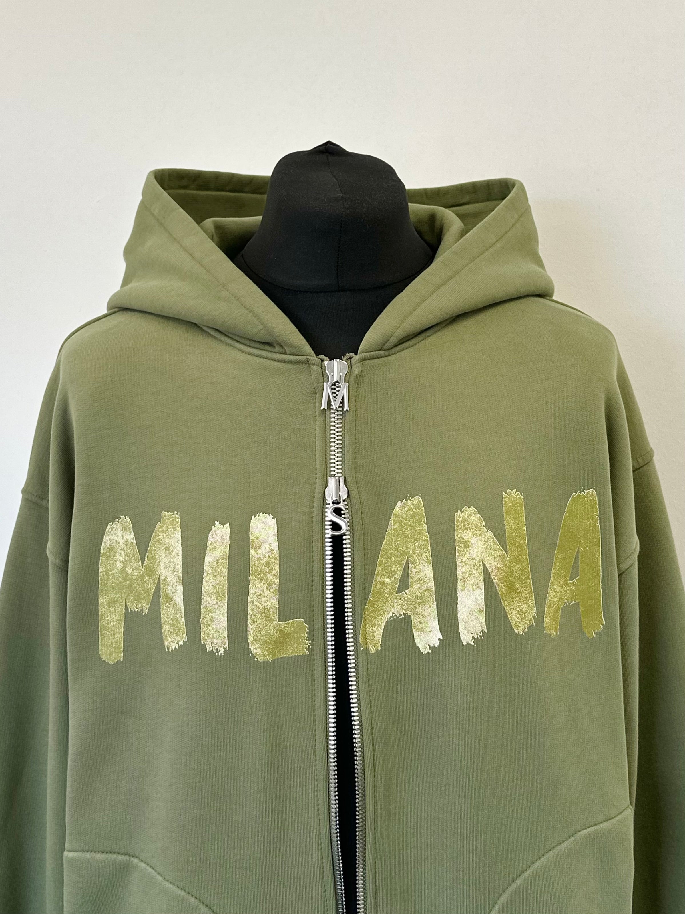 Military Green Paint Heavyweight Zip Hoodie.