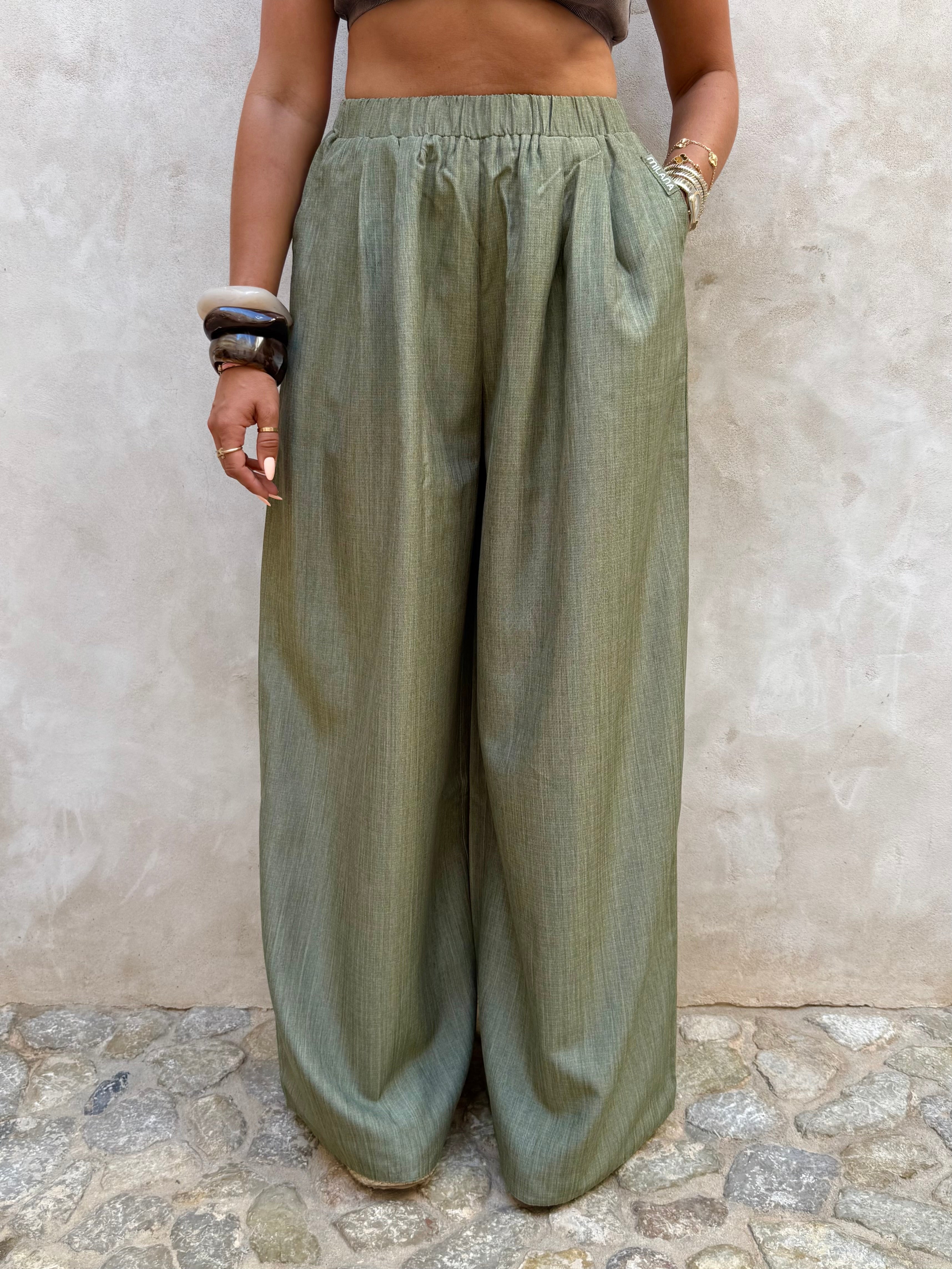 Khaki Milana Wide Linen Trousers.