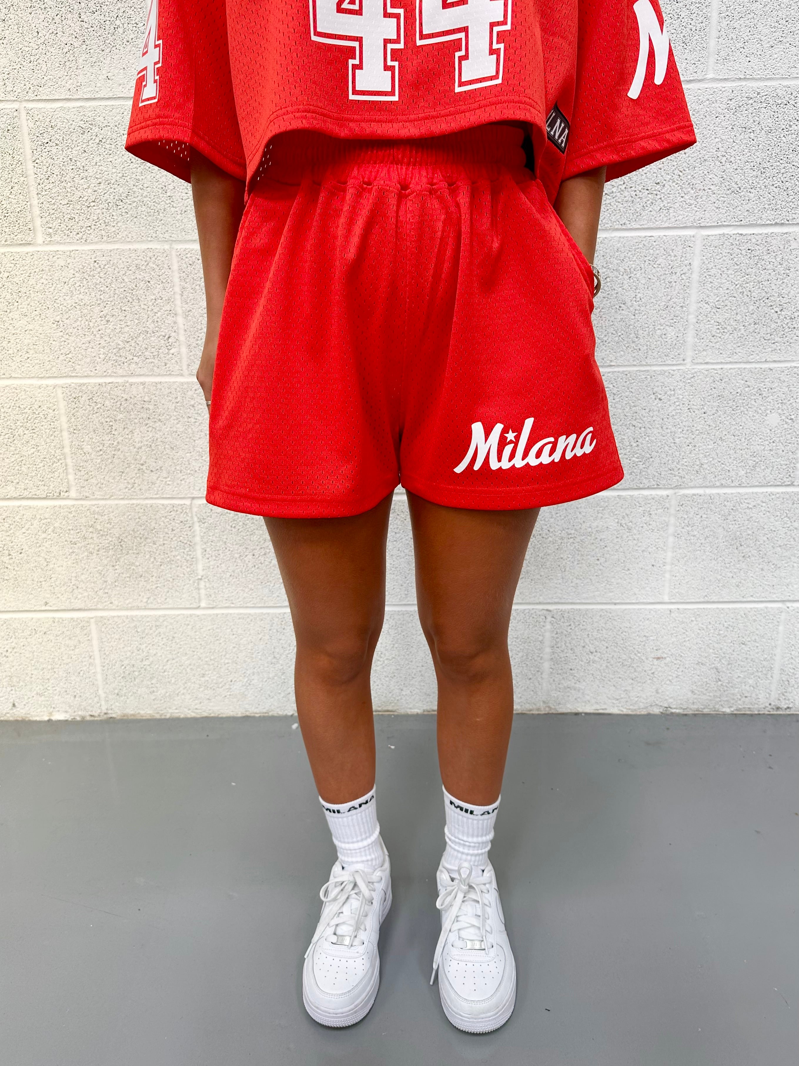 Red Mesh Mini Shorts.