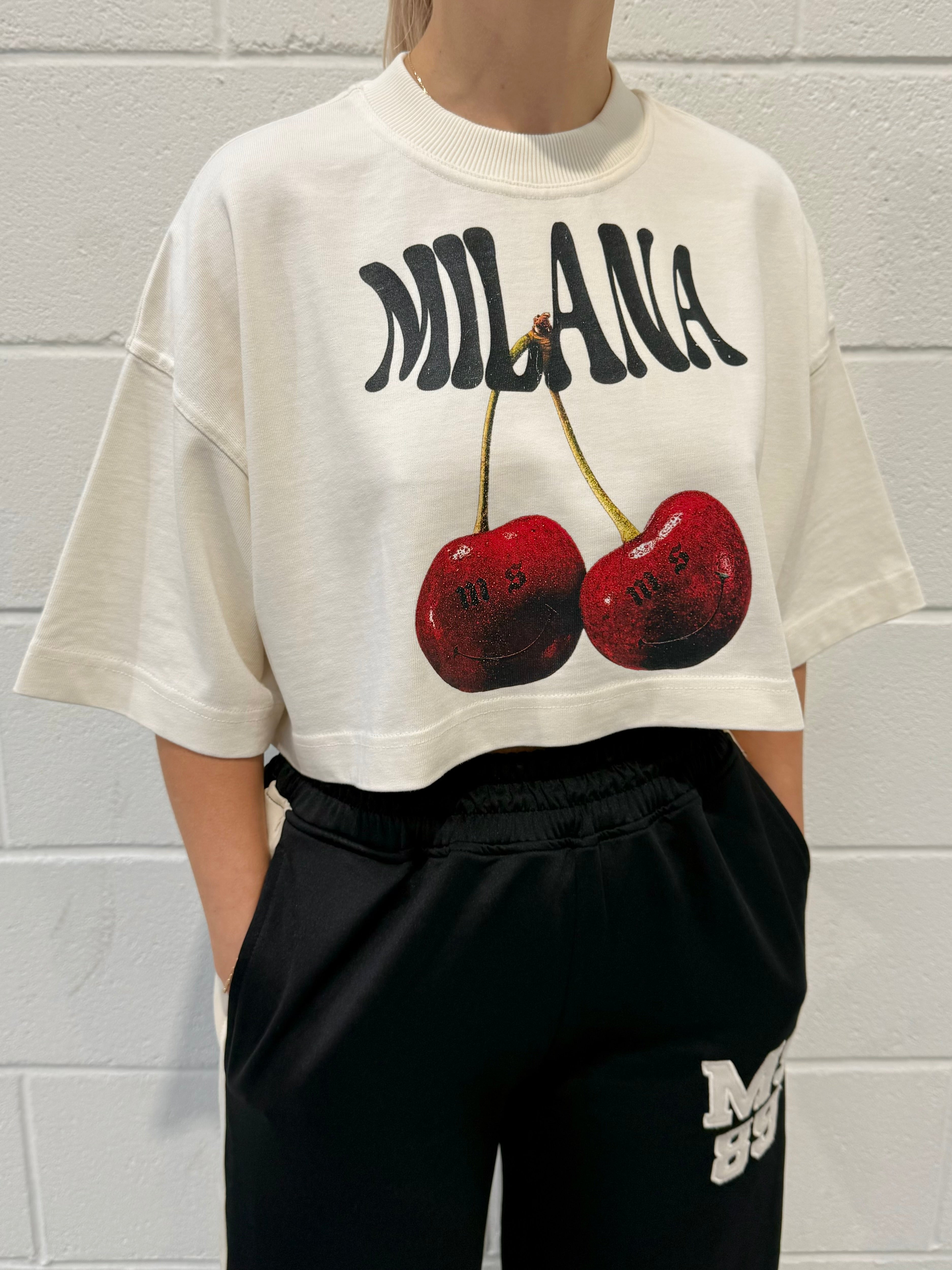 Cream Cherry Cropped Heavyweight T-shirt.