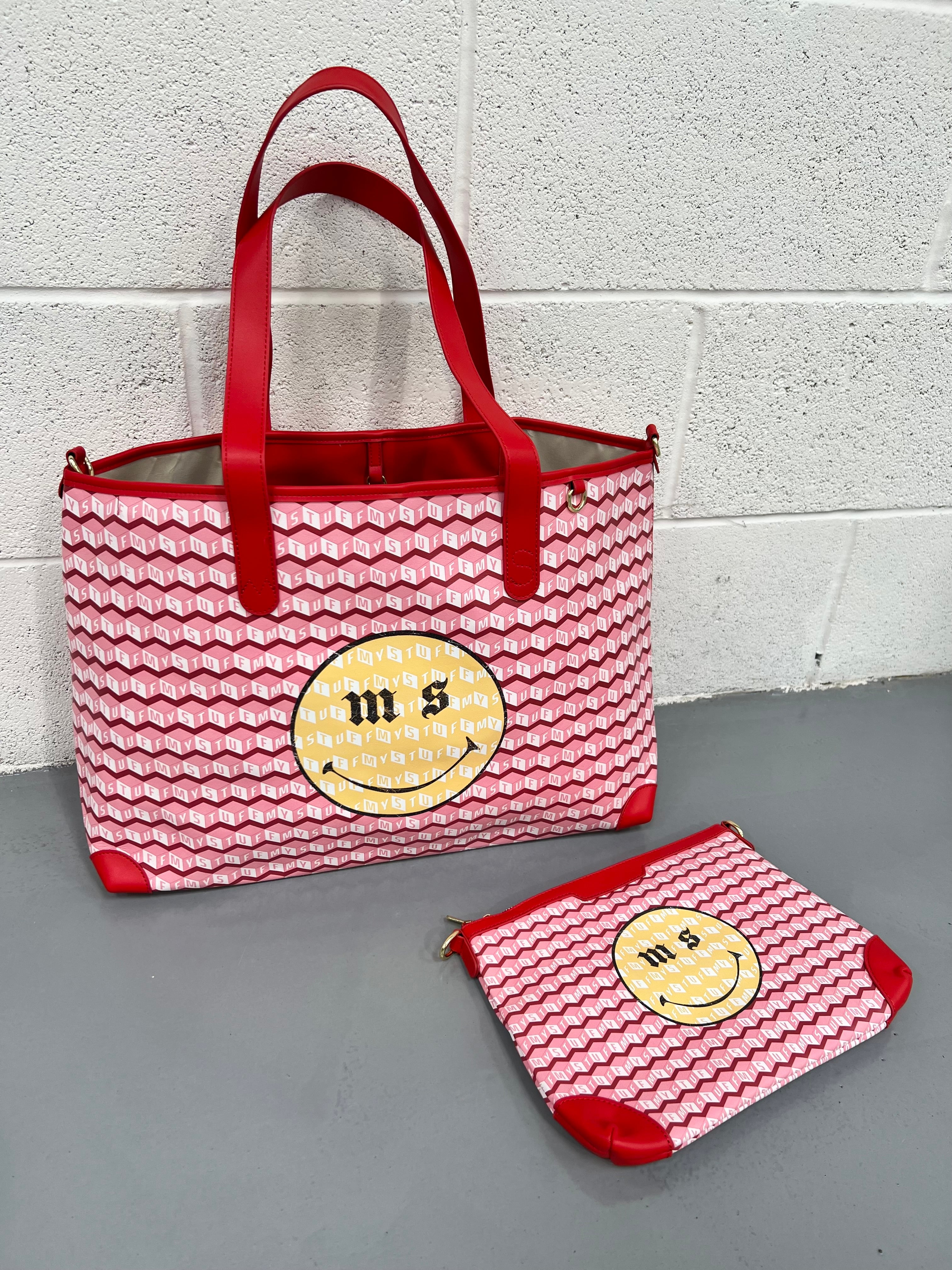 Red Smiley Leather Tote Bag - 2 Piece.