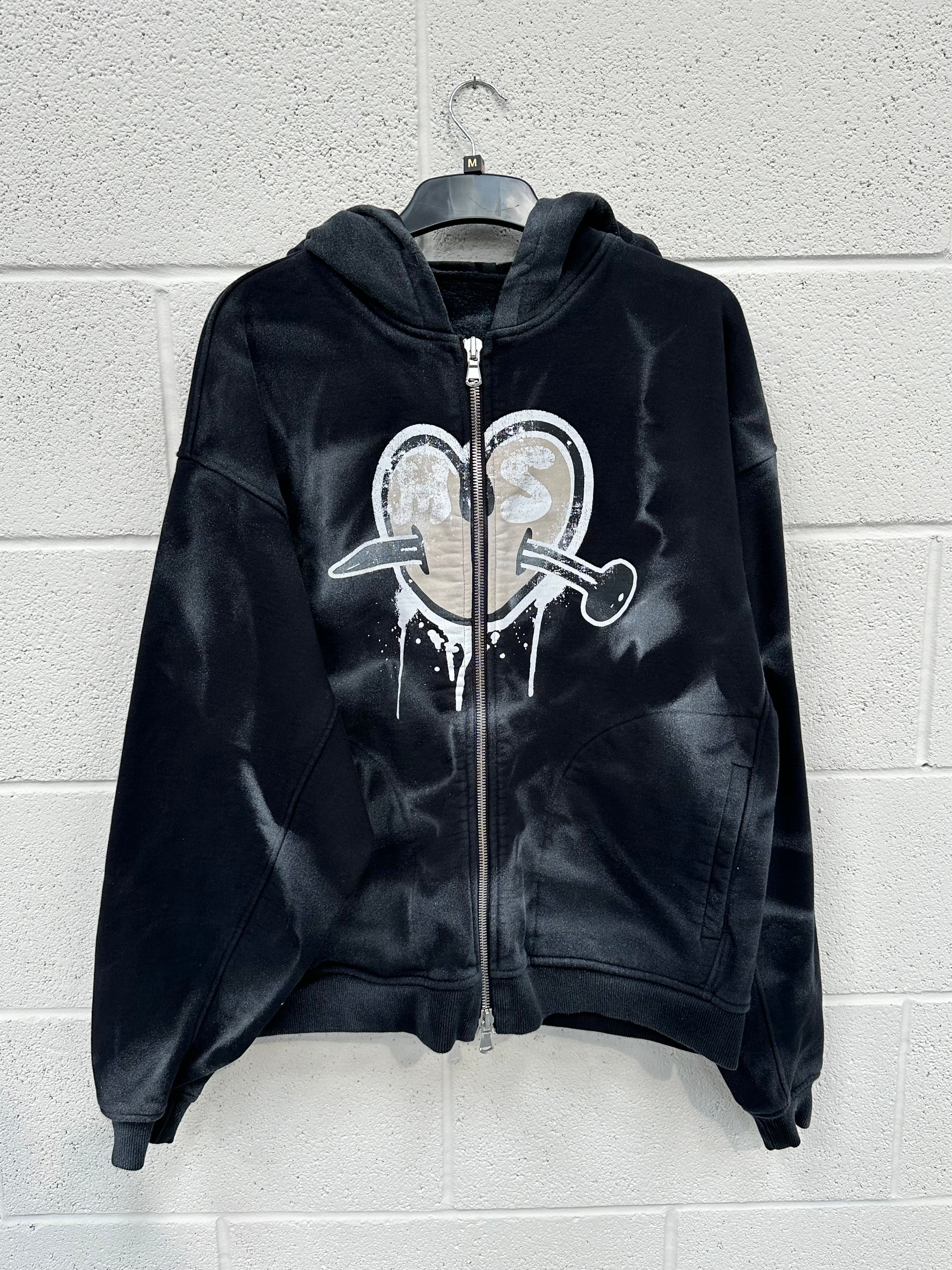 #M6 Black Spray Out Heart Heavyweight Zip Hoodie.