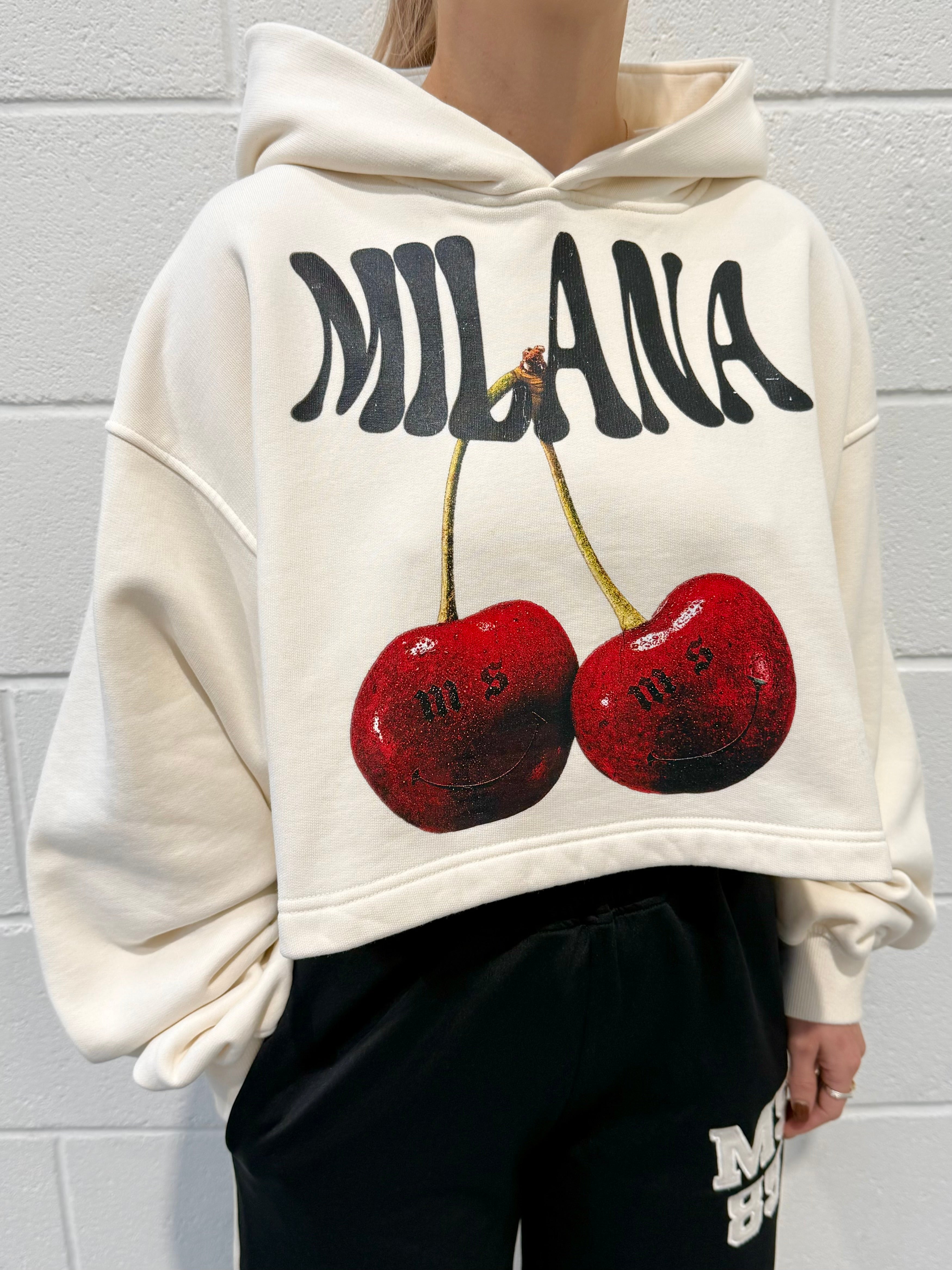 Cream Cherry Cropped Heavyweight Hoodie.