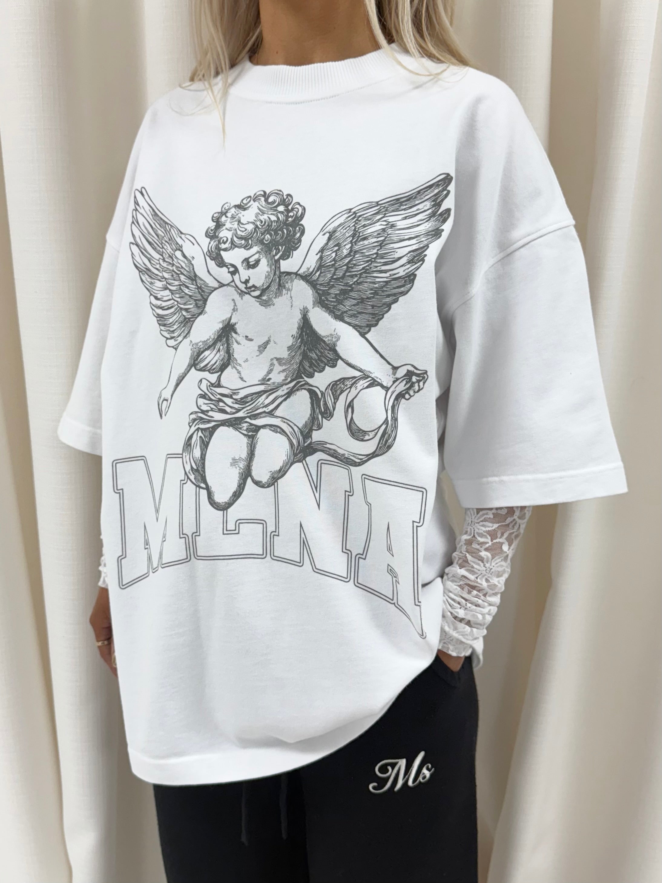 White Lace Stencilled Cherub Heavyweight T-shirt.