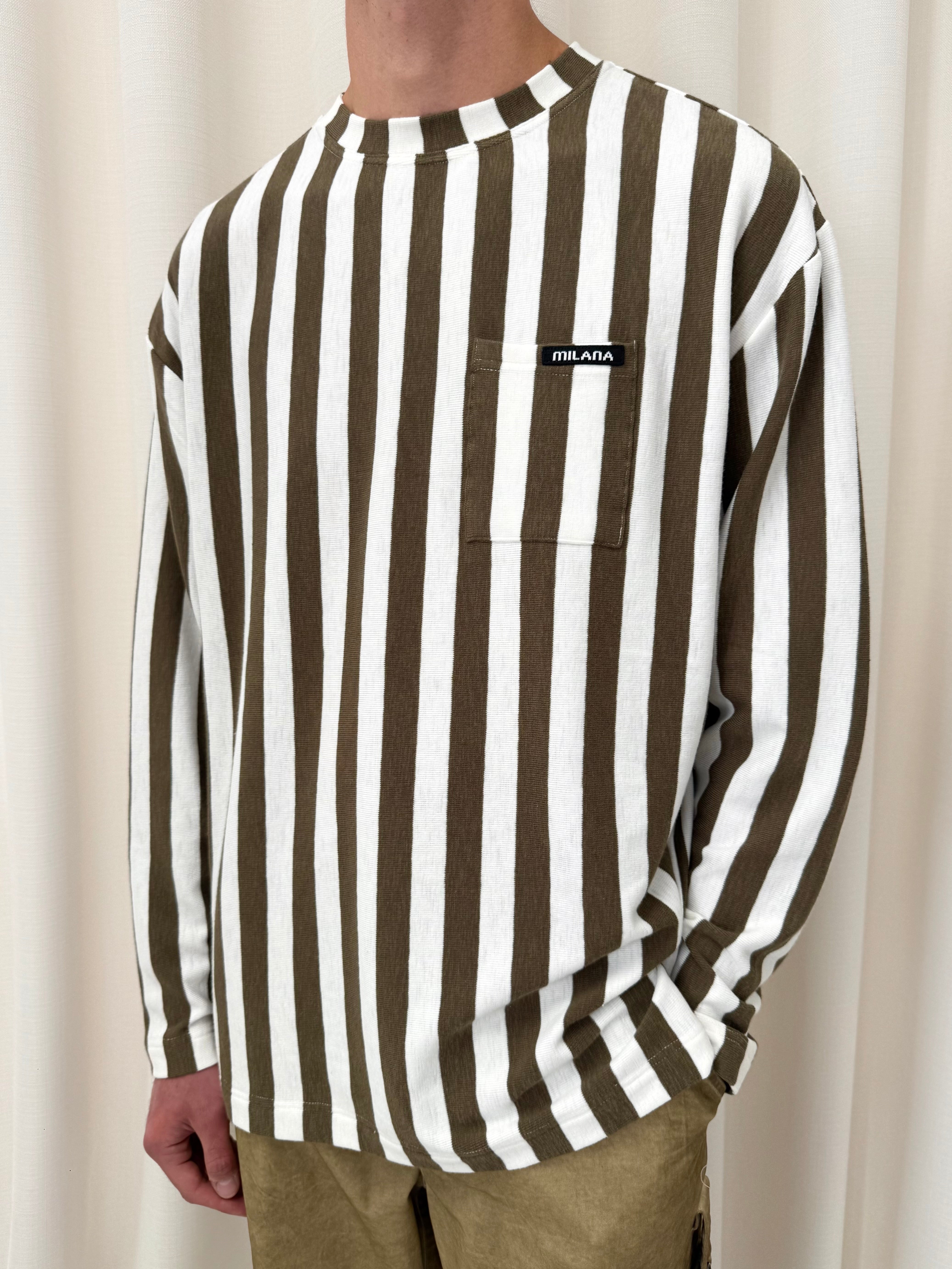 Khaki Green & Cream Striped Knitted Long Sleeve.