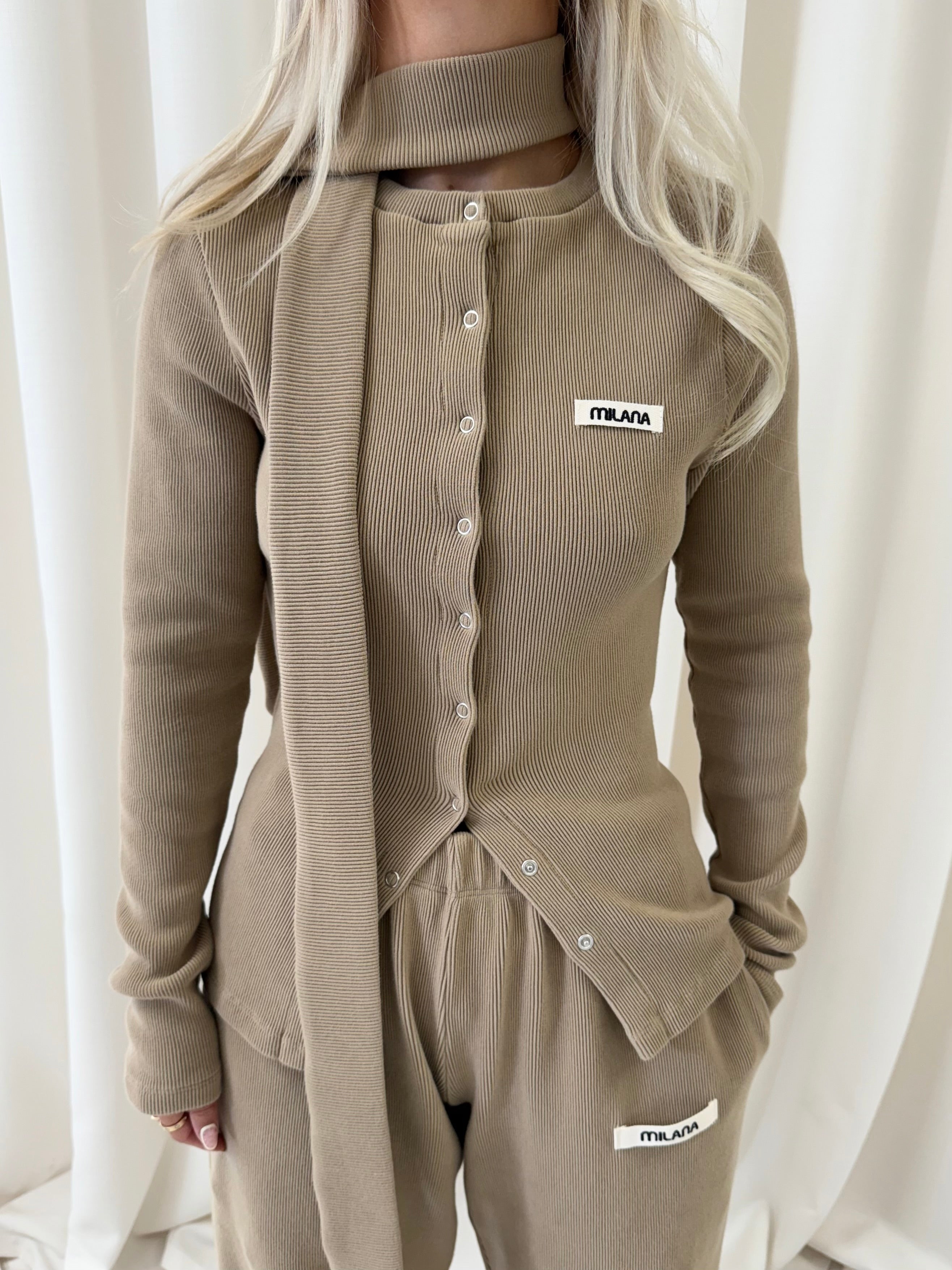 Khaki Brown Core Button Soft Rib Long Sleeve.