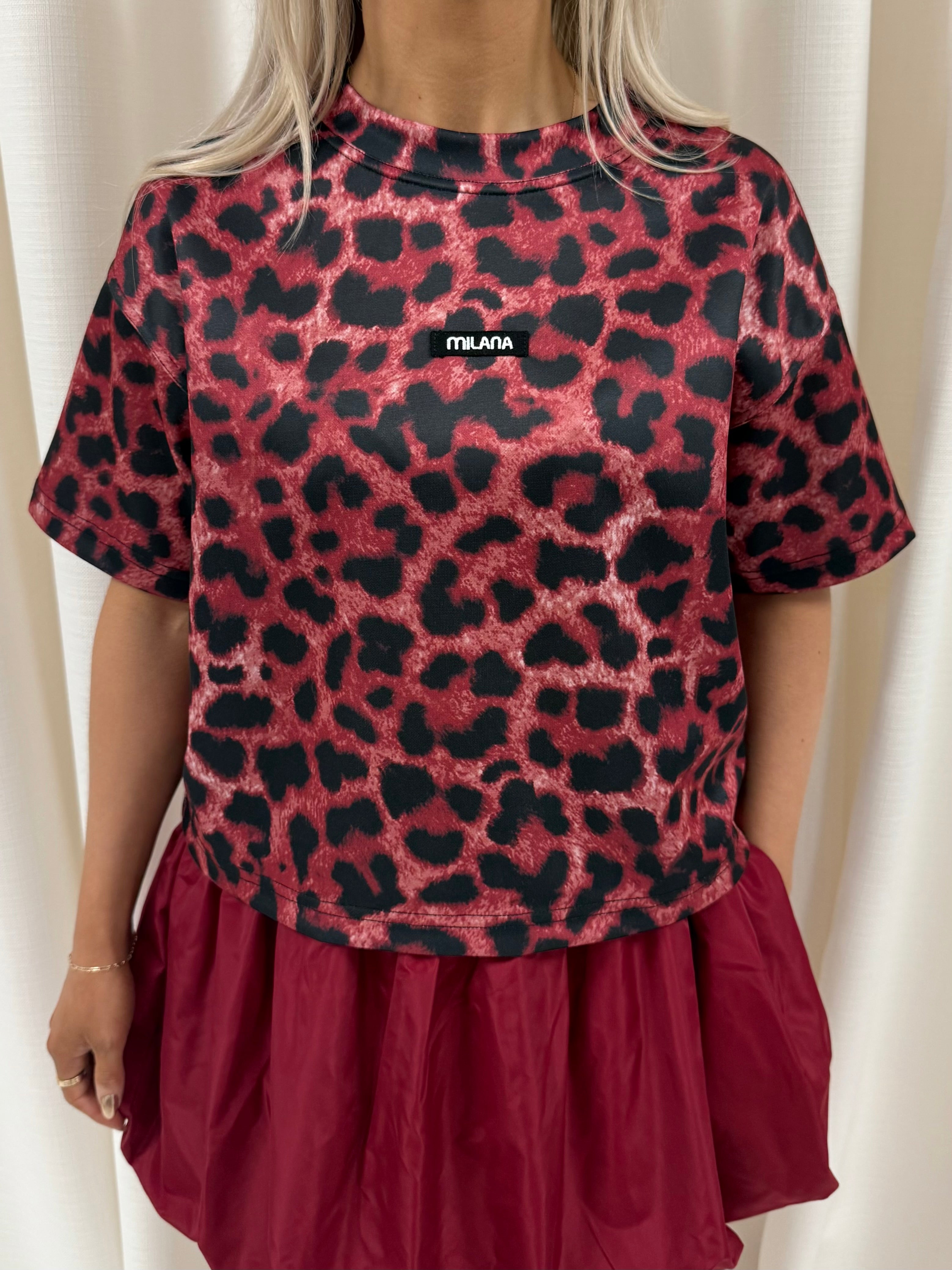 Burgundy Leopard Print Box T-shirt.