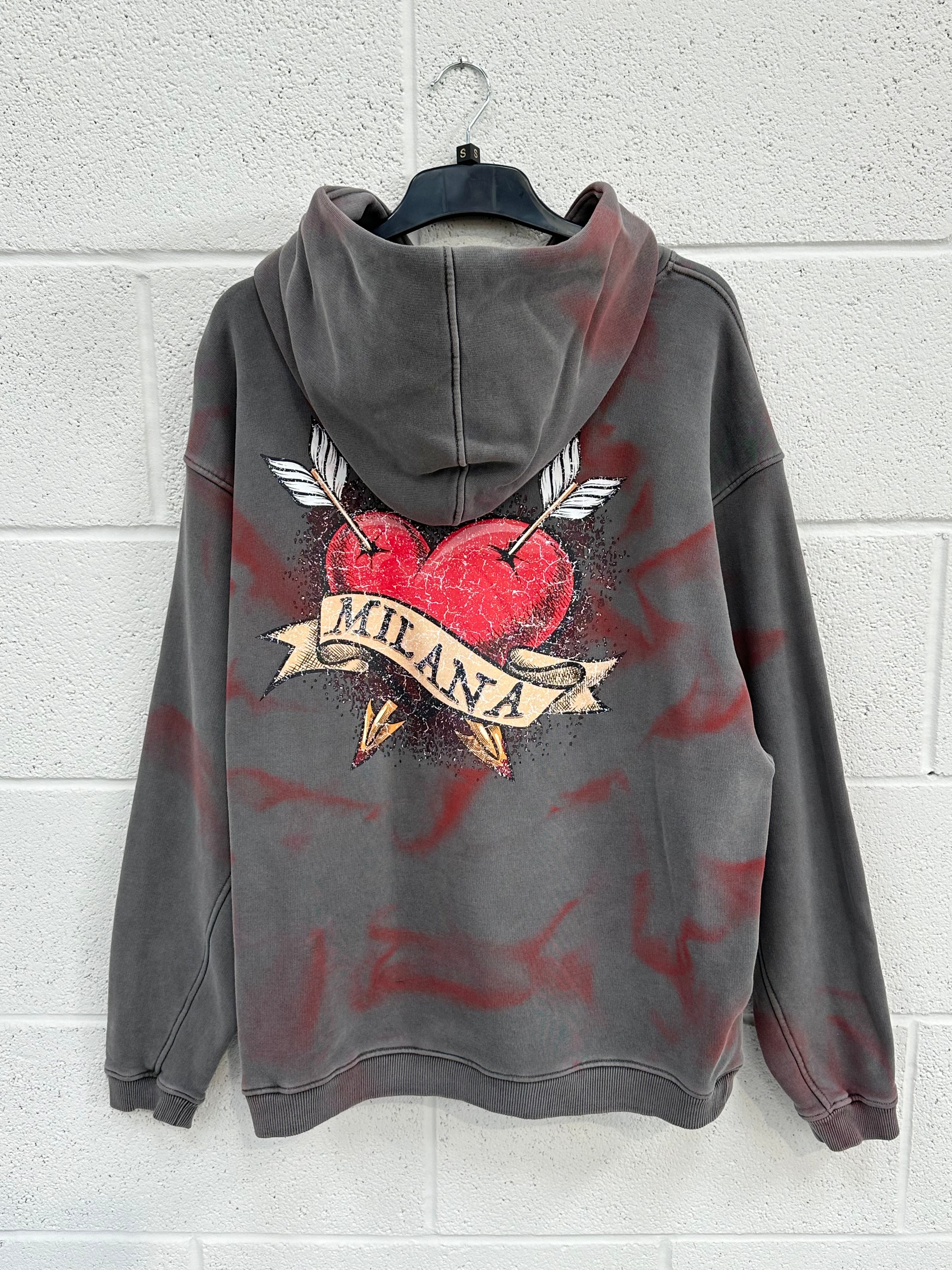 #A12 Washed Charcoal Hearts Paint Effect Heavyweight Hoodie.