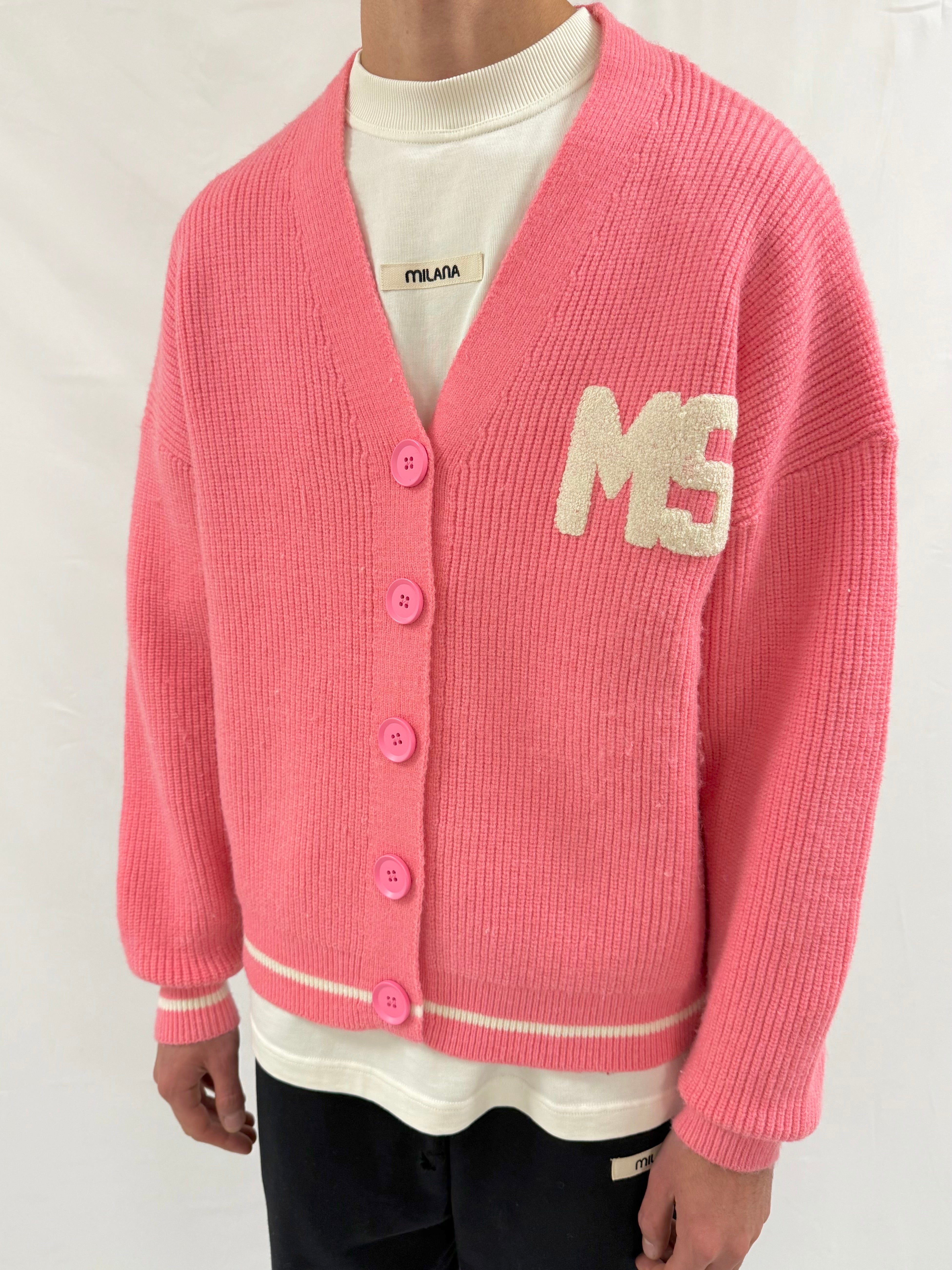 Pink MS Heavyweight Knitted Cardigan.