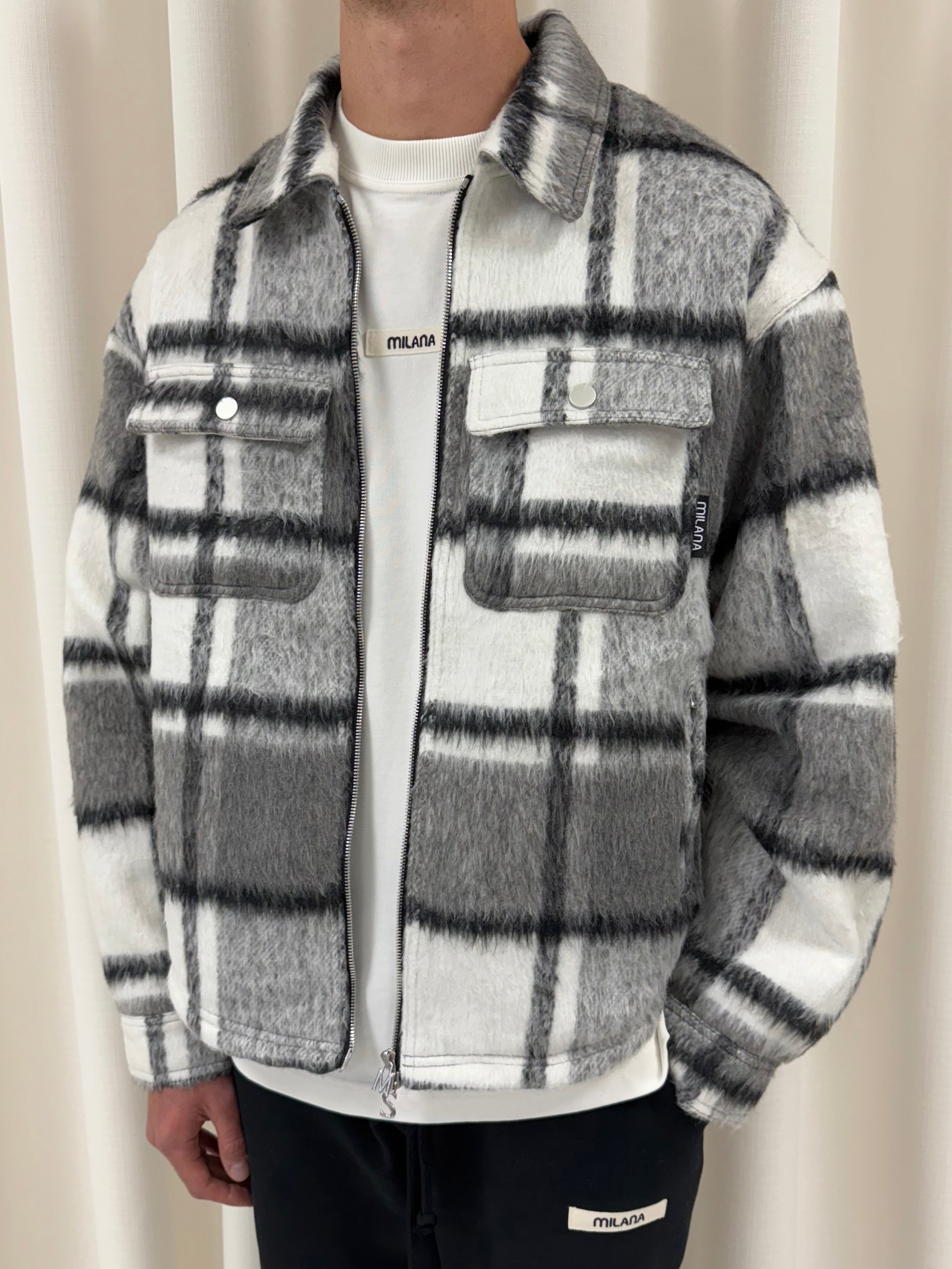 Charcoal Check Flannel Trucker Jacket.