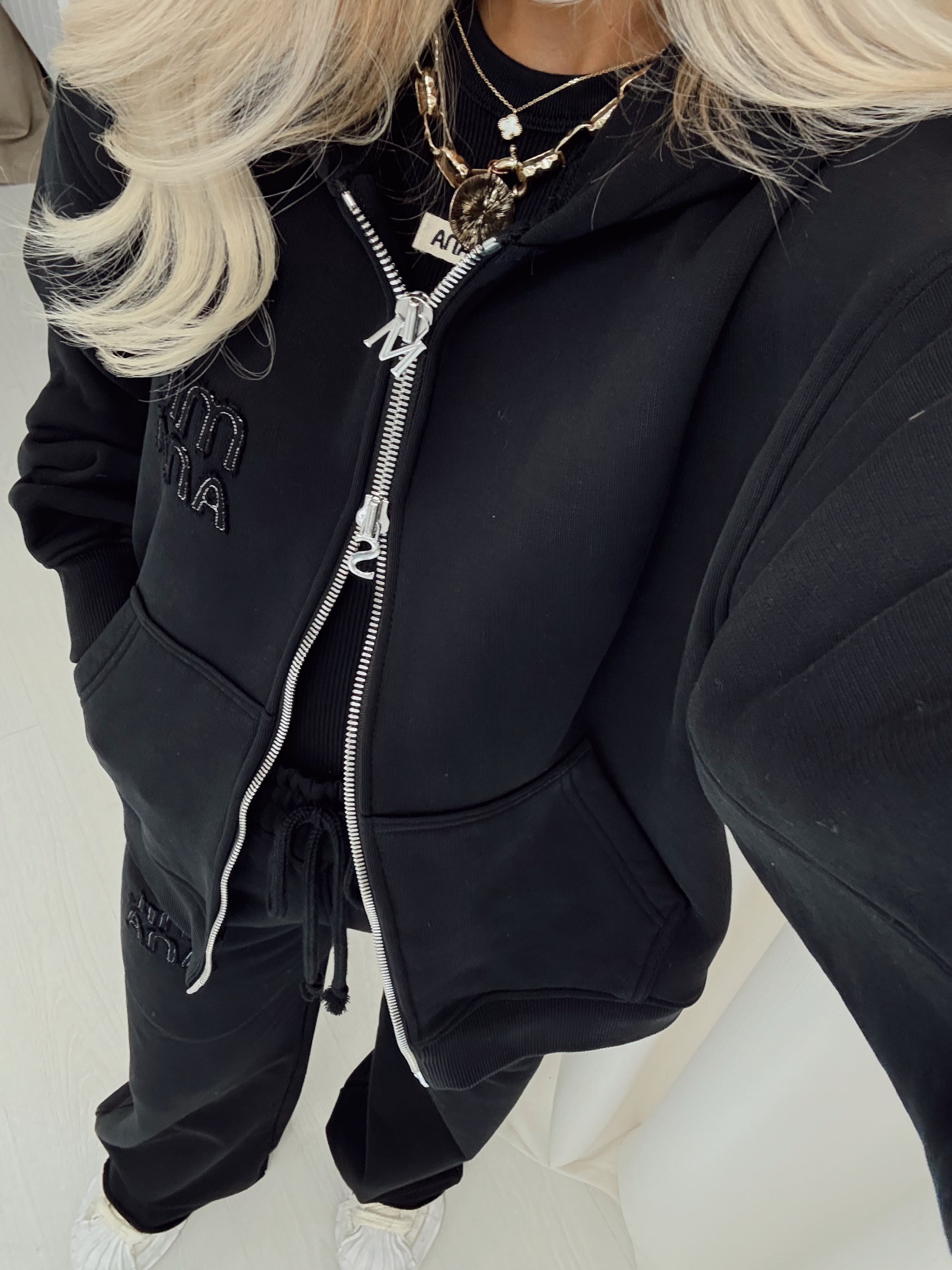 Black Milana Appliqué Heavyweight Zip Hoodie.