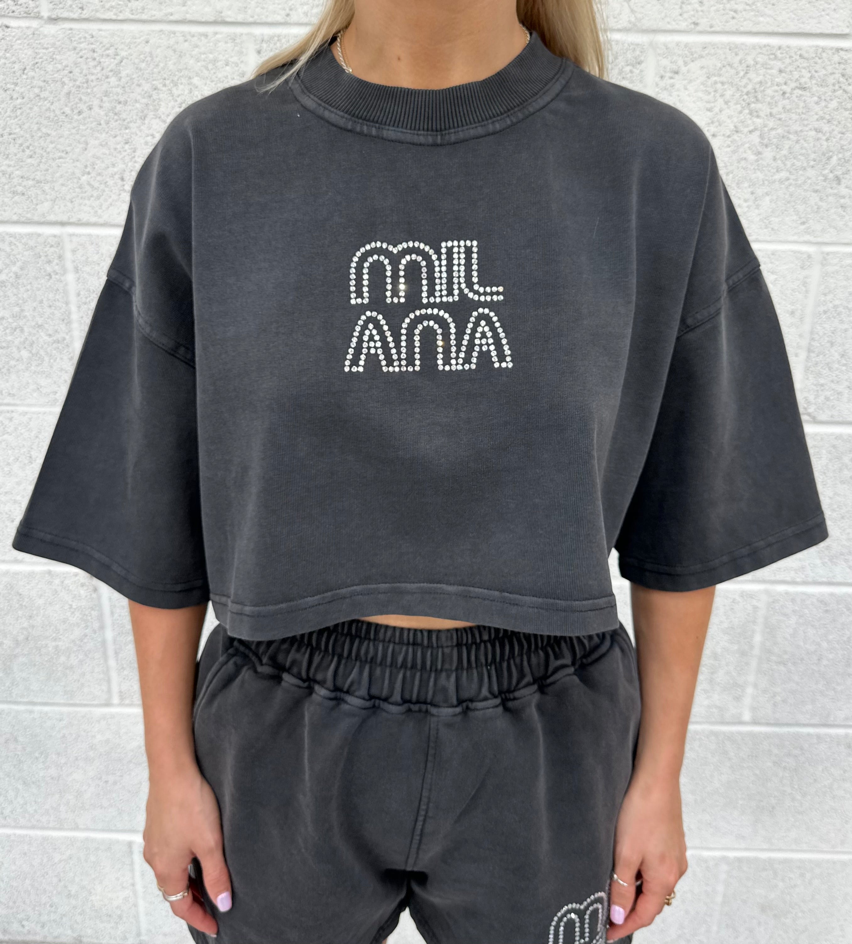 Washed Black Crystal Cropped Heavyweight T-shirt.