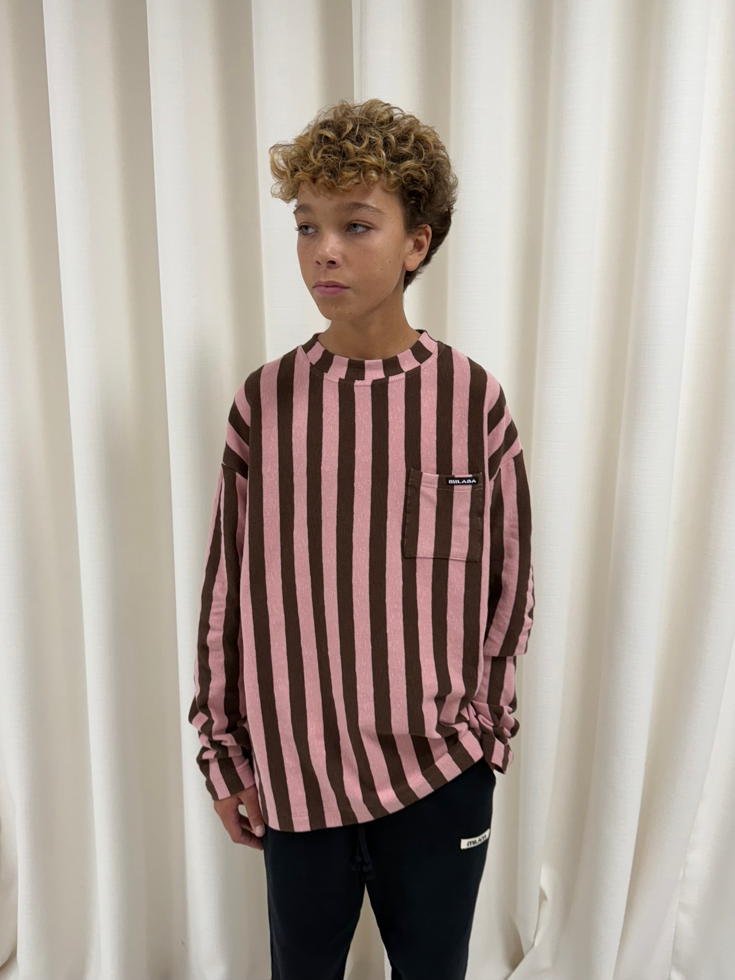 Chocolate Brown and Pink Striped Kids Knitted Long Sleeve.
