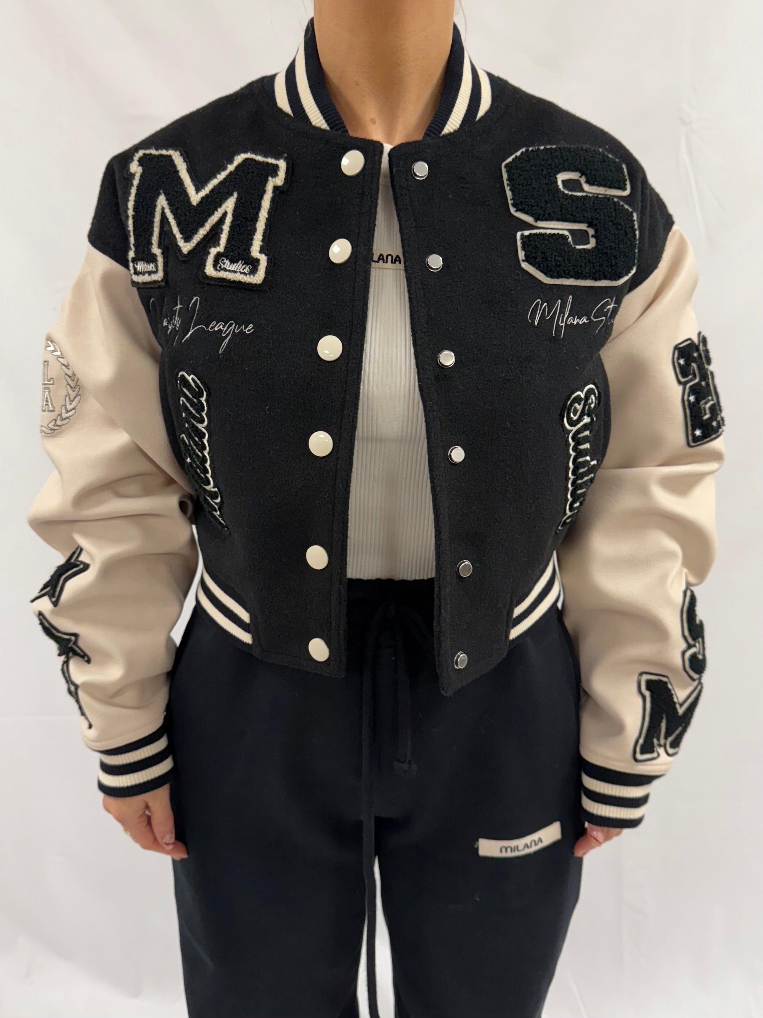 Black Heavyweight Cropped Varsity Bomber Jacket.