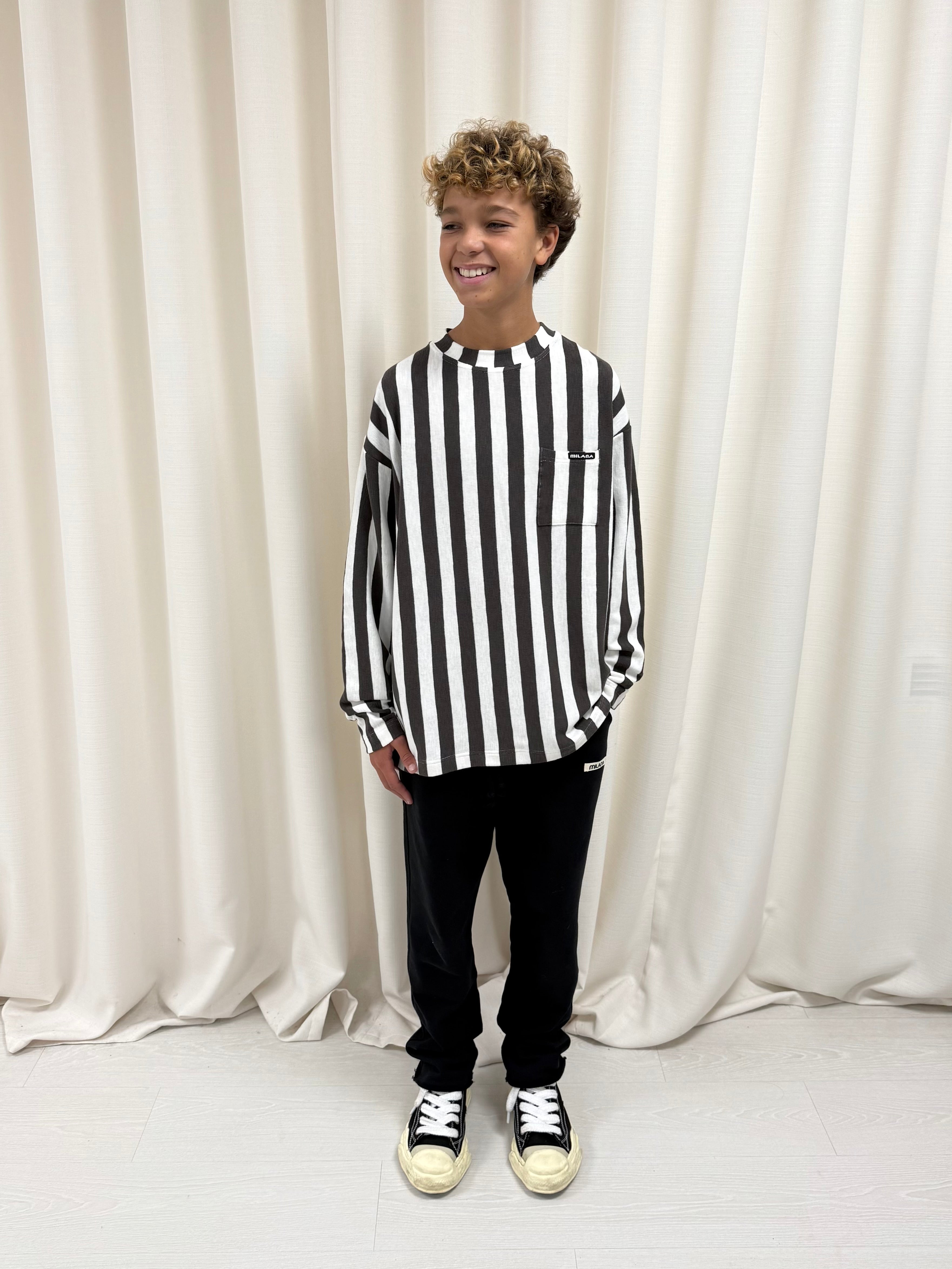 Cream and Charcoal Striped Kids Knitted Long Sleeve.