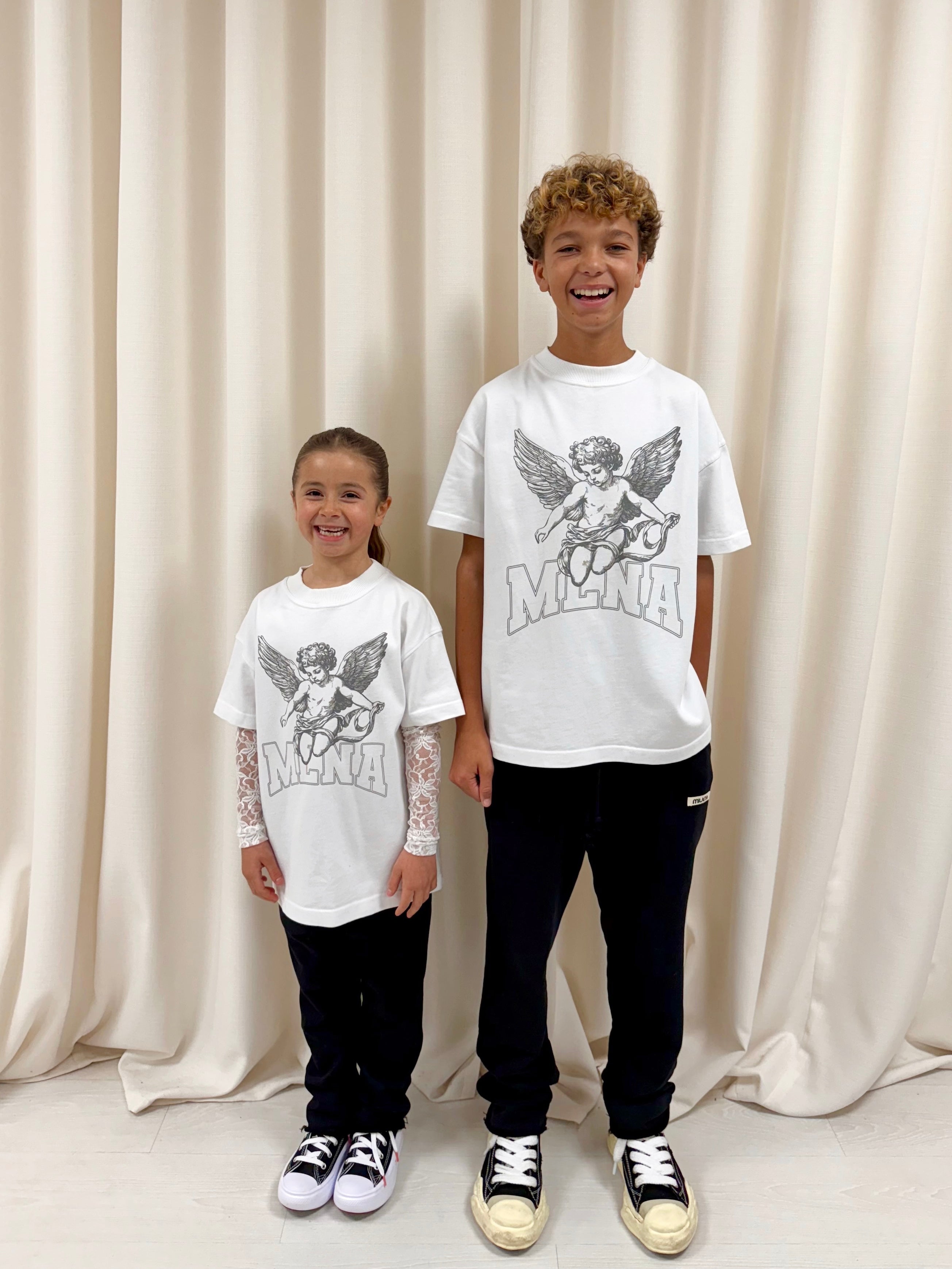White Stencilled Cherub Lace Kids Long Sleeve.