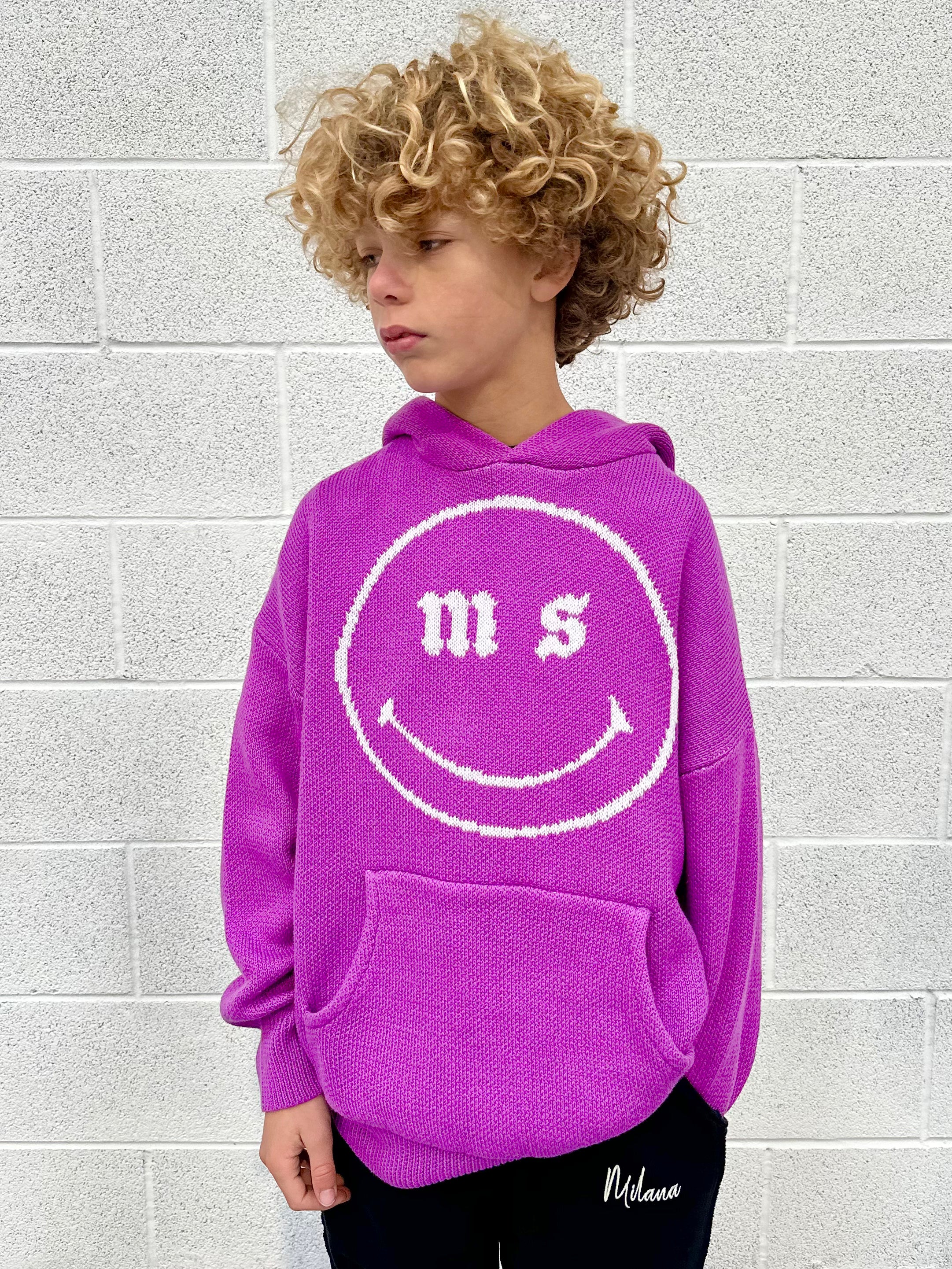 Purple Smiley Kids Knit Hoodie.
