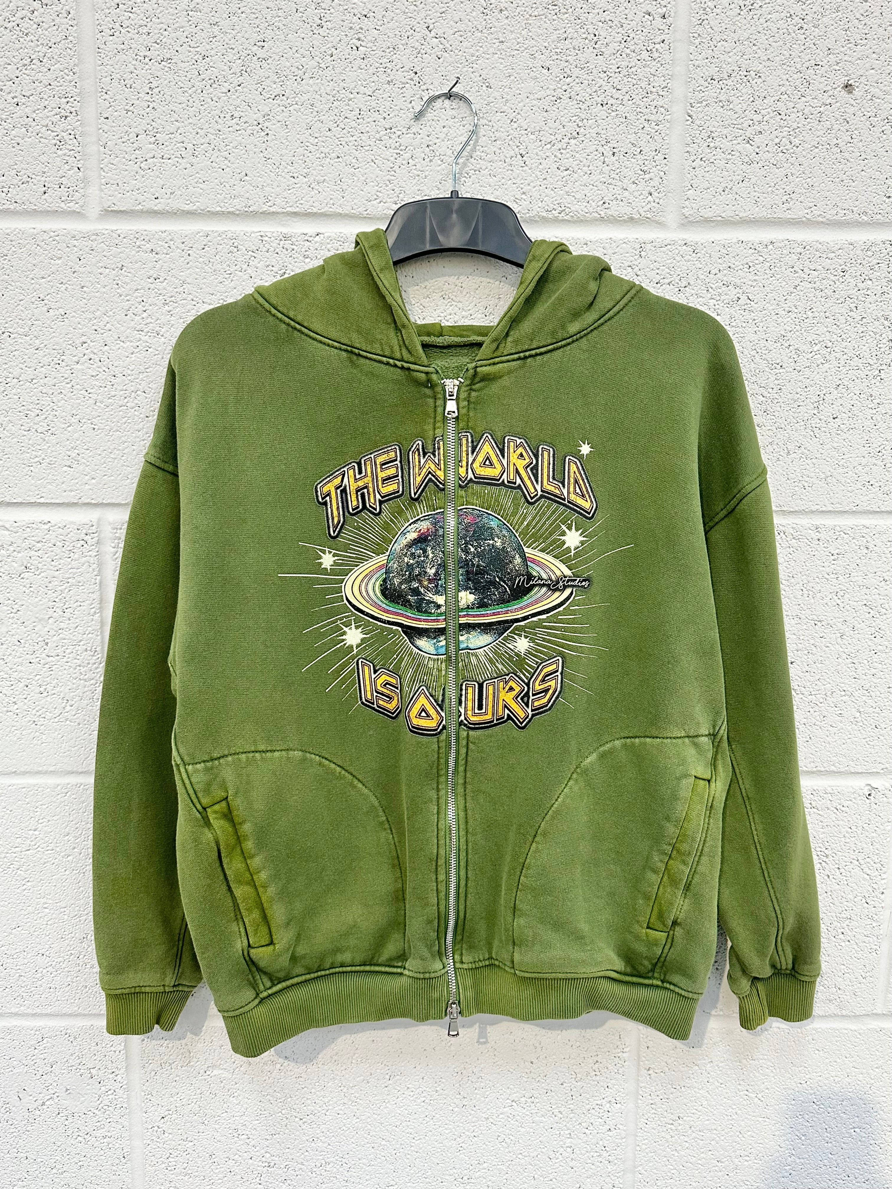 #Y41 Kids Washed Green Planet Heavyweight Zip Up.