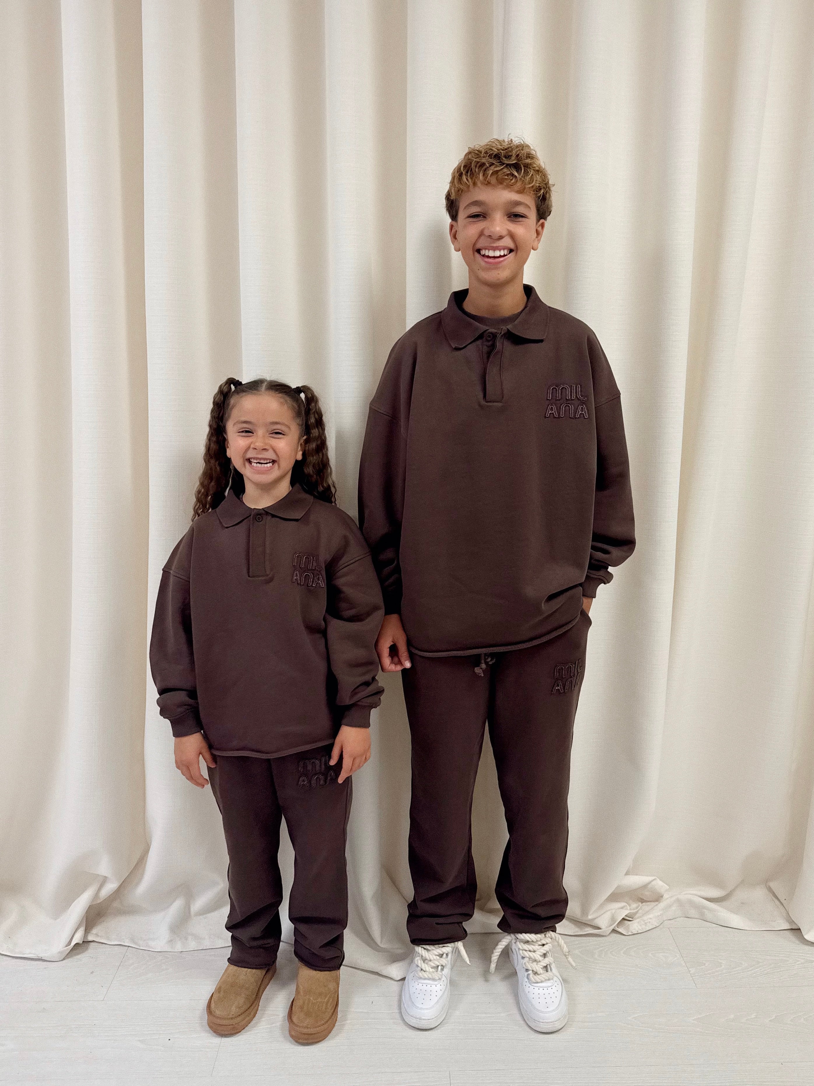Chocolate Brown Appliqué Kids Relaxed Sweatpants.