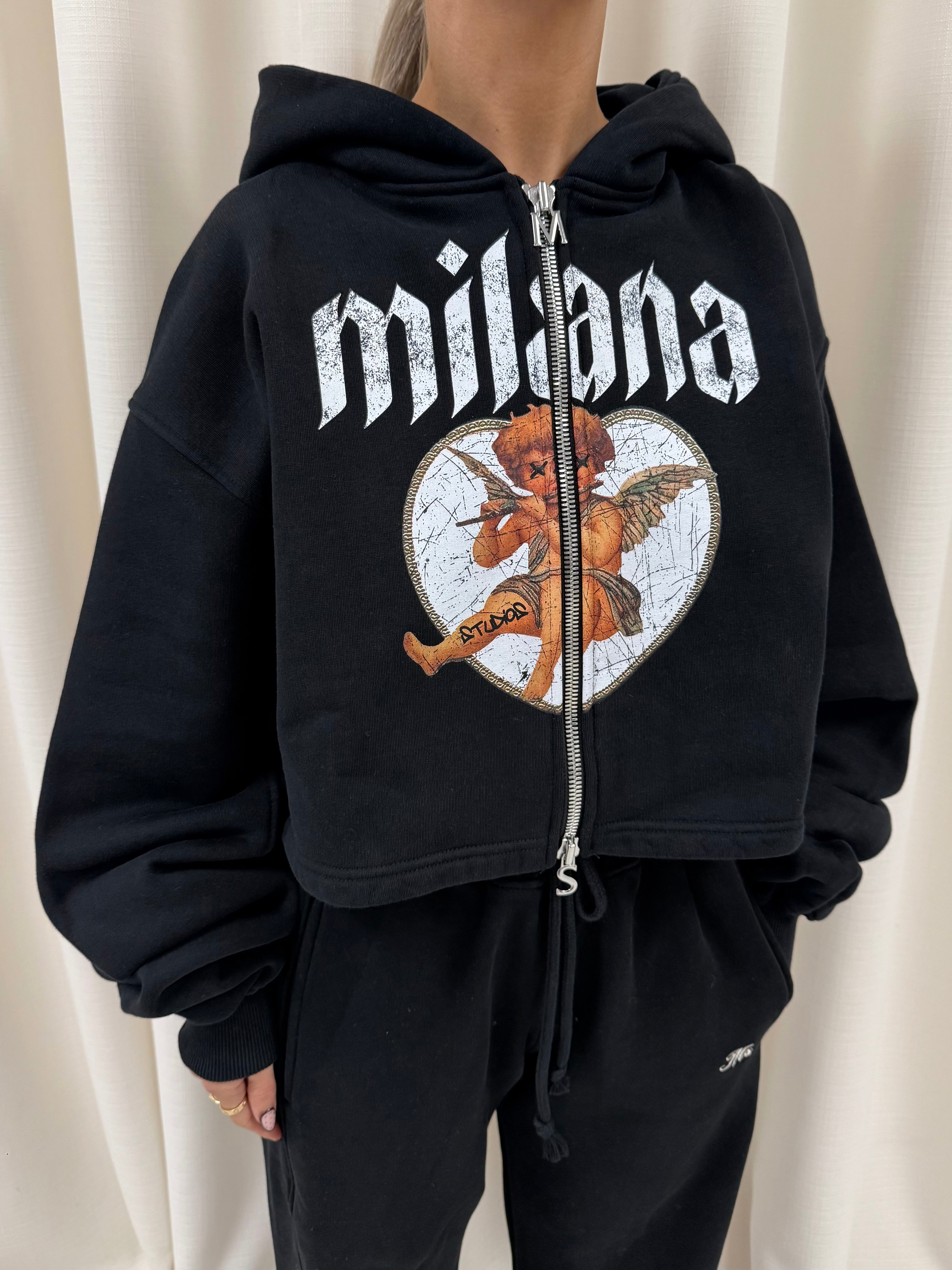 Black Cherub Cropped Heavyweight Zip Hoodie.