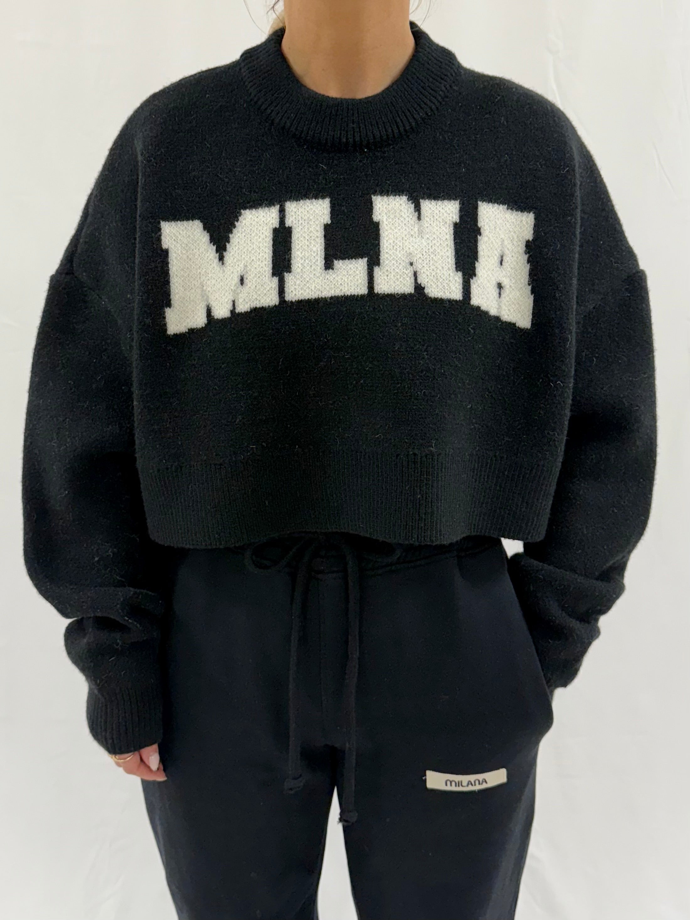 Black Speckled MLNA Heavyweight Cropped Knitted Sweatshirt.