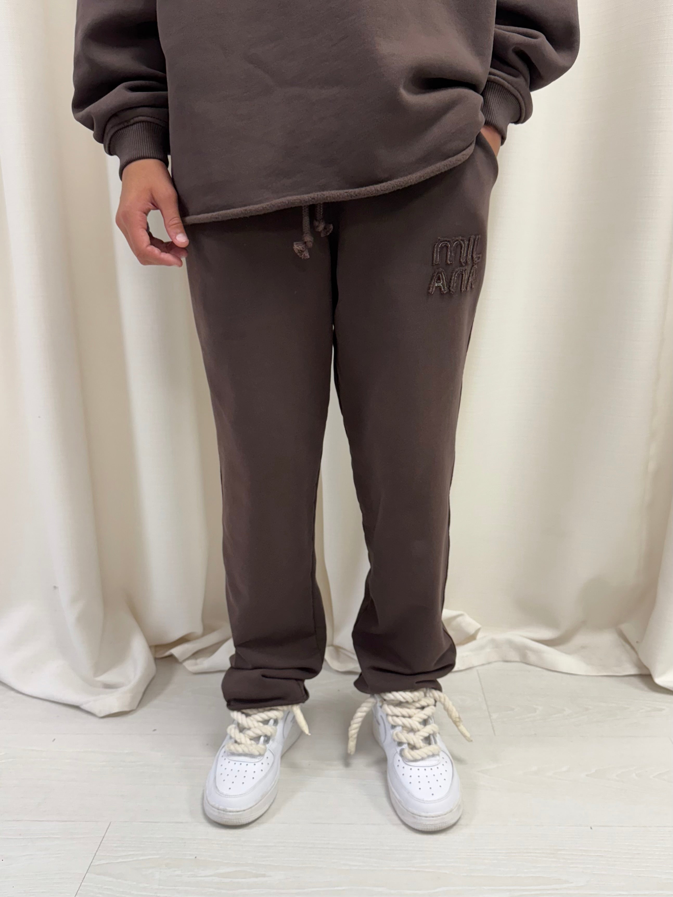 Chocolate Brown Appliqué Kids Relaxed Sweatpants.