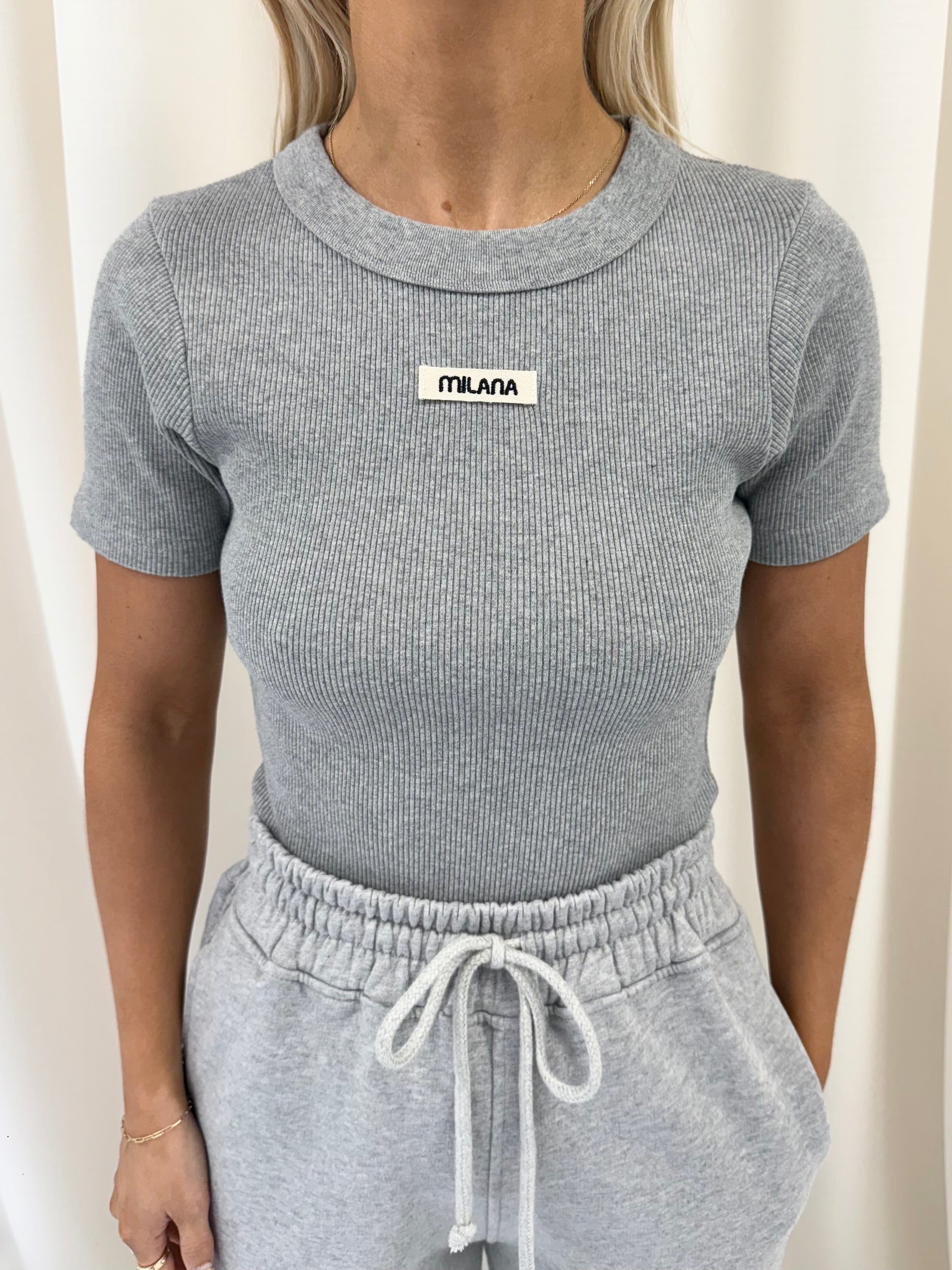 Mary Grey Core Ribbed Baby Tee.