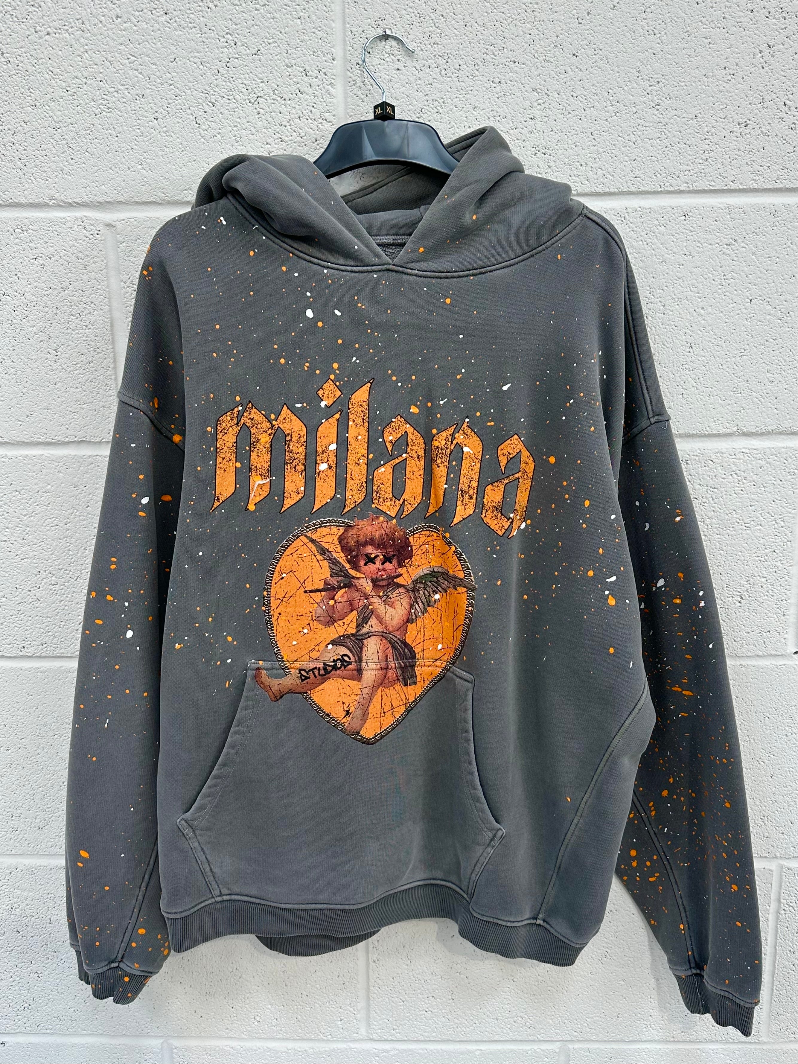 #A10 Washed Charcoal Cherub Splatter Heavyweight Hoodie.