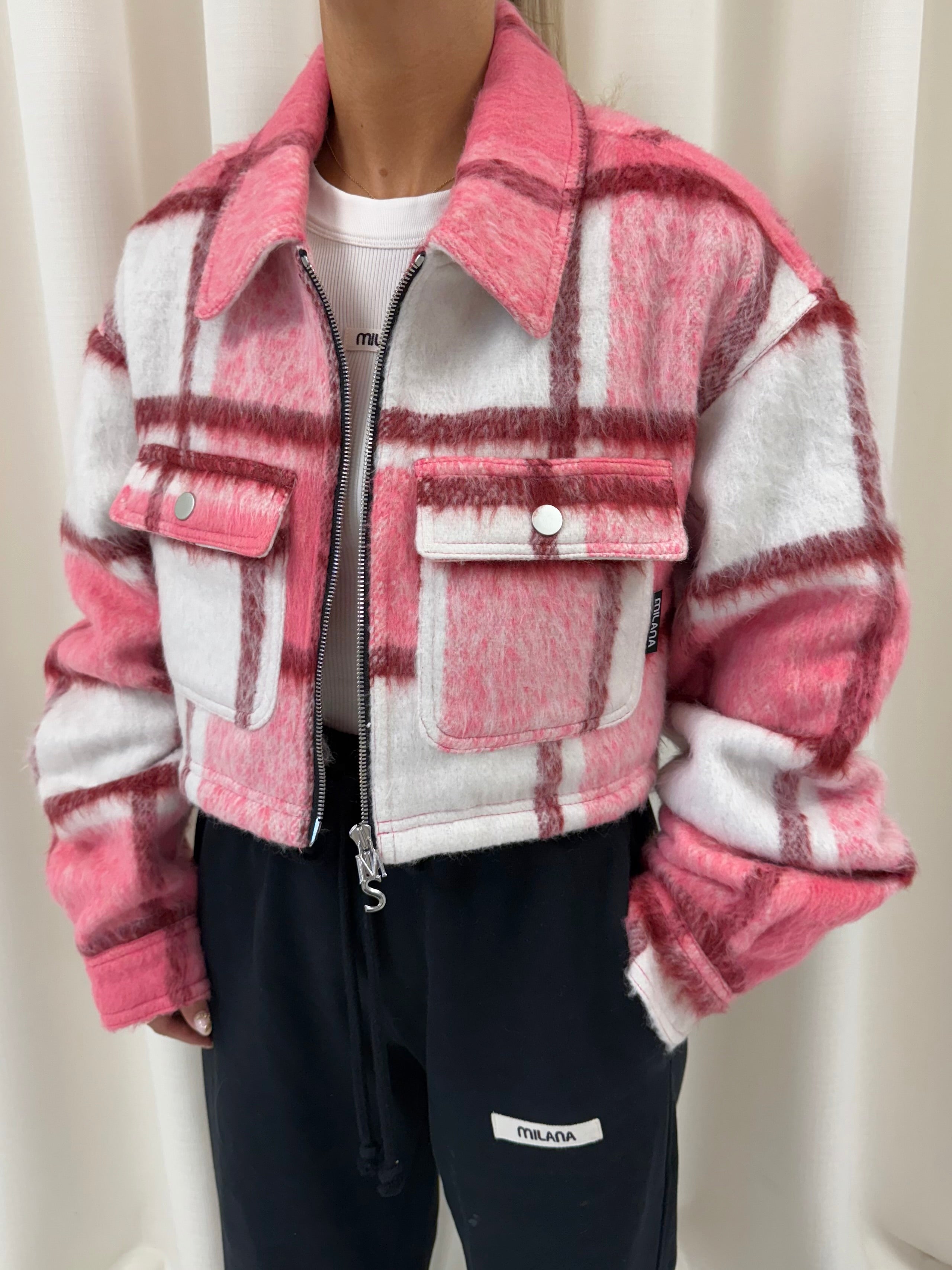 Pink Check Cropped Flannel Trucker Jacket.