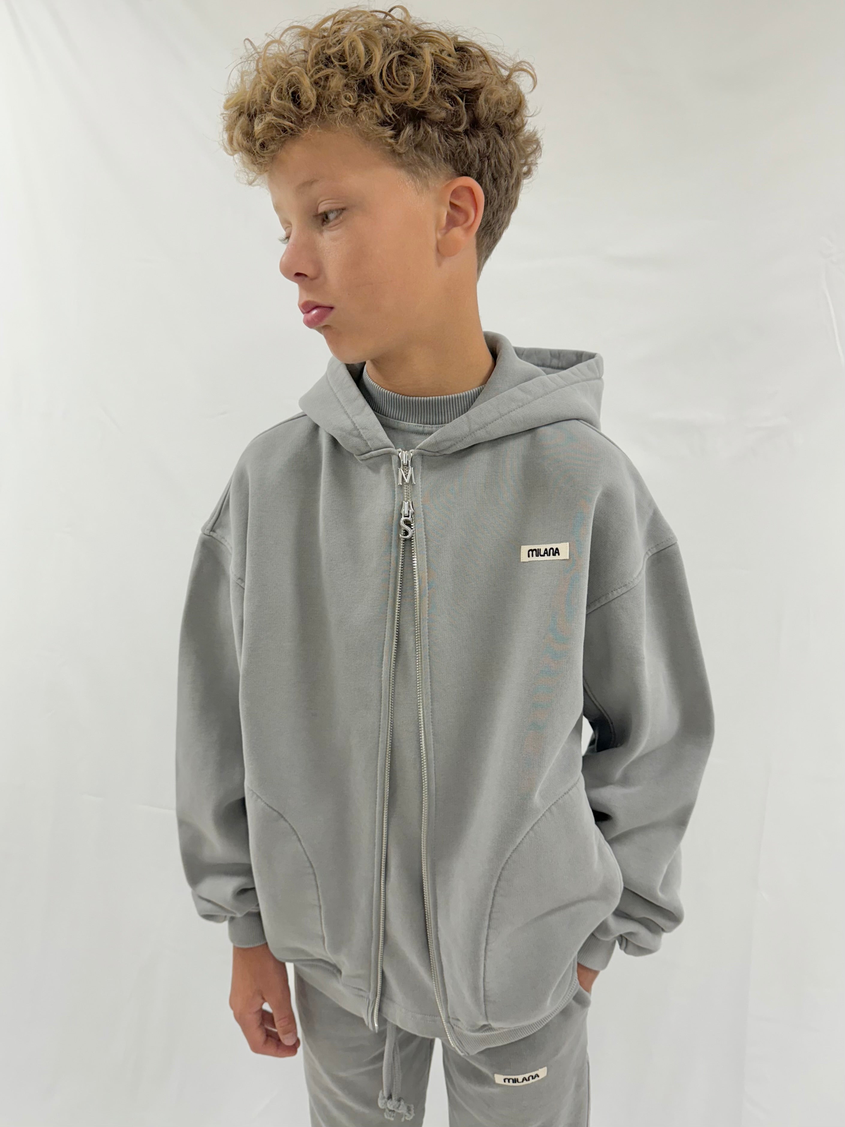 Washed Ash Grey Core Kids Zip Hoodie.