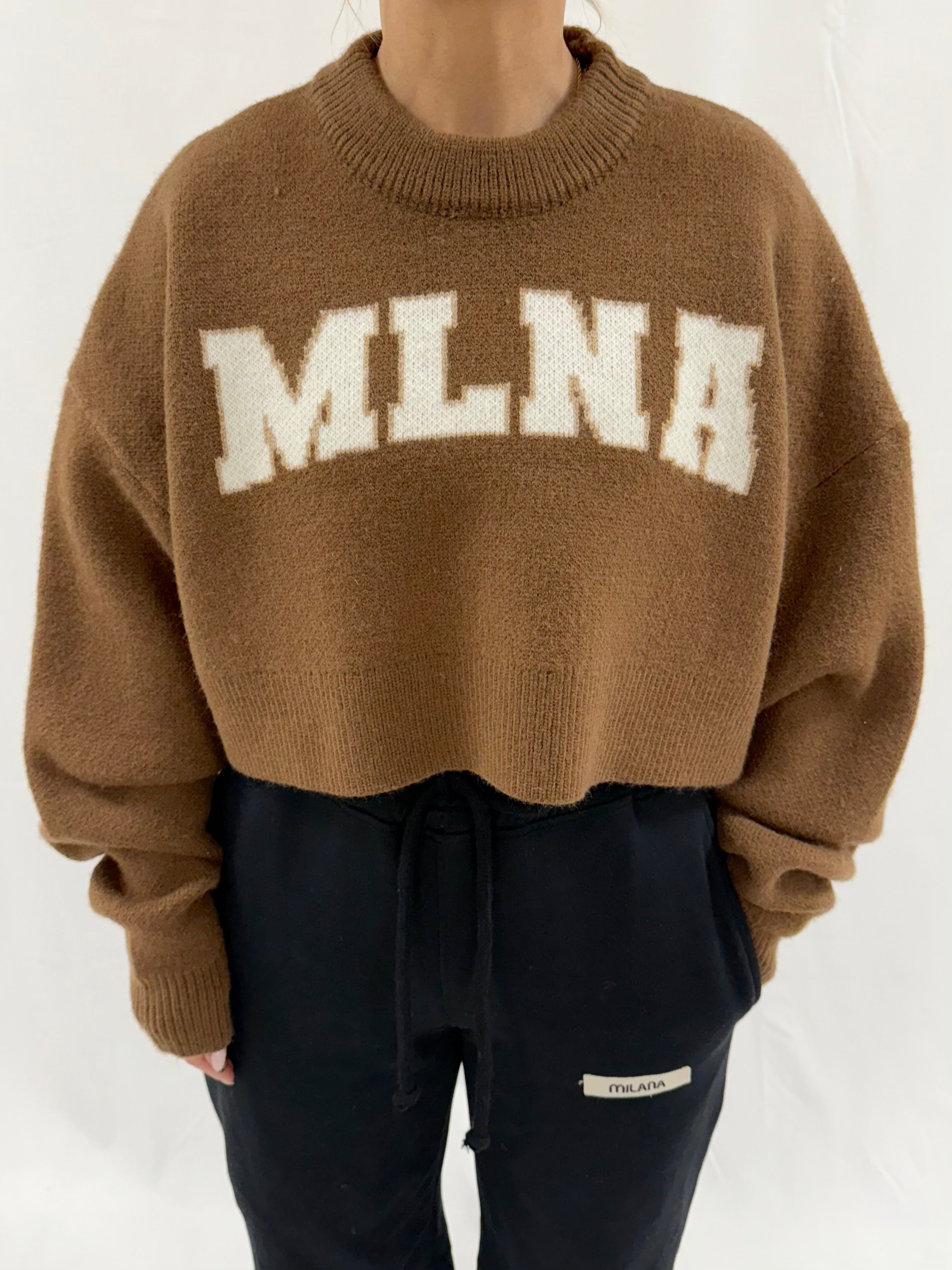 Chocolate MLNA Heavyweight Cropped Knitted Sweatshirt.