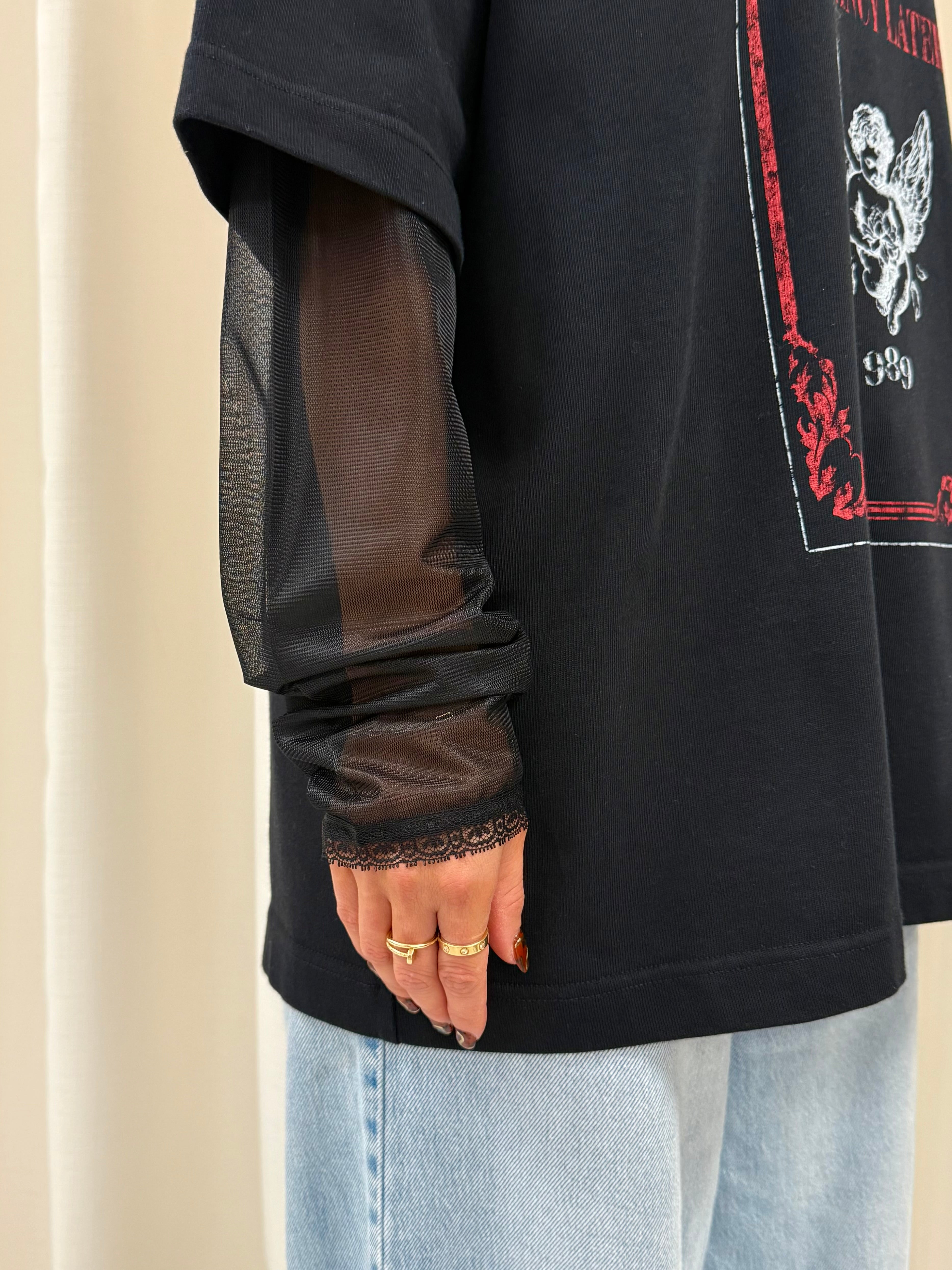 Black Cherub Stamp Mesh Heavyweight Long Sleeve.