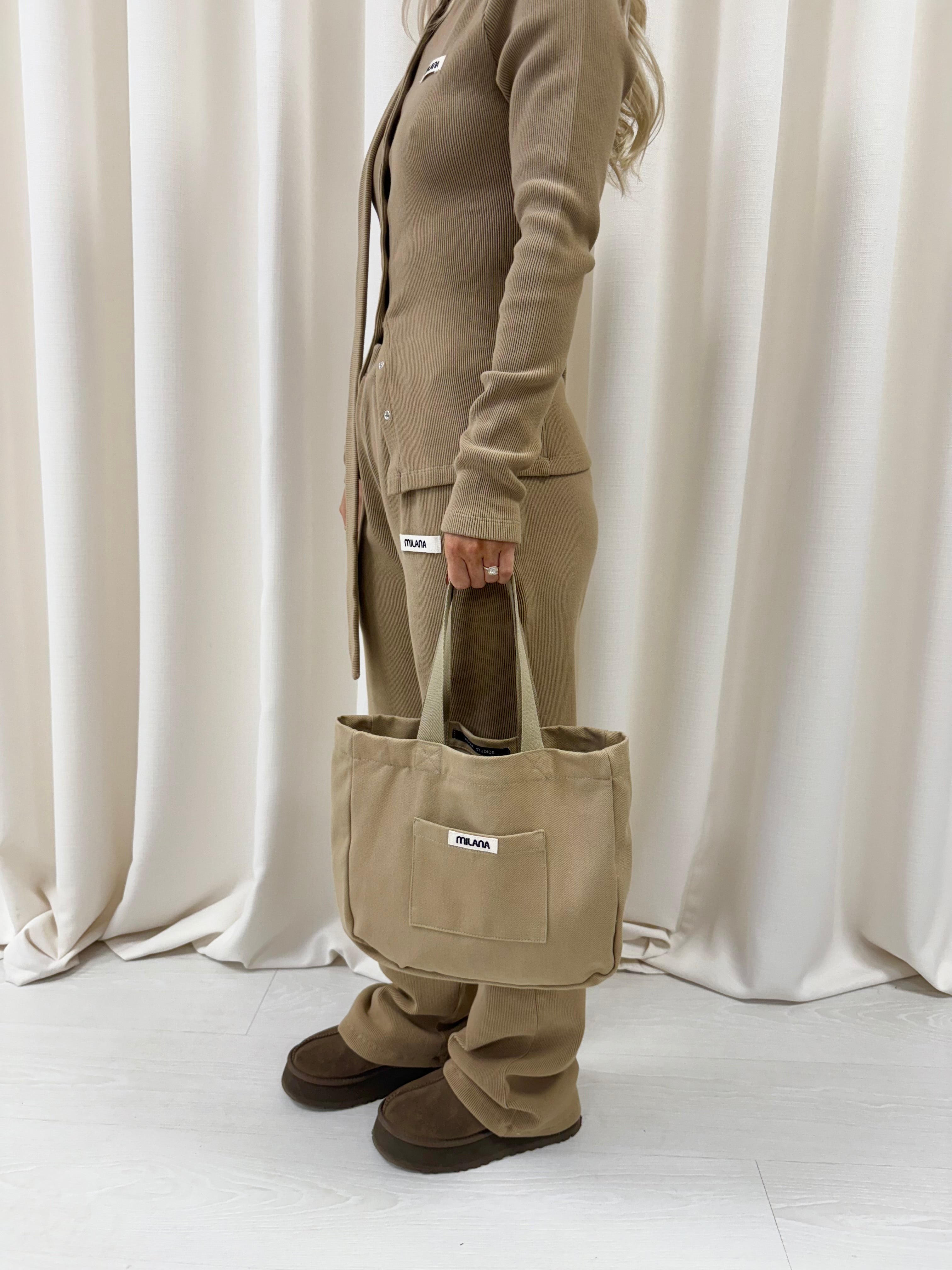 Khaki Brown Core Mini Pocket Tote Bag.