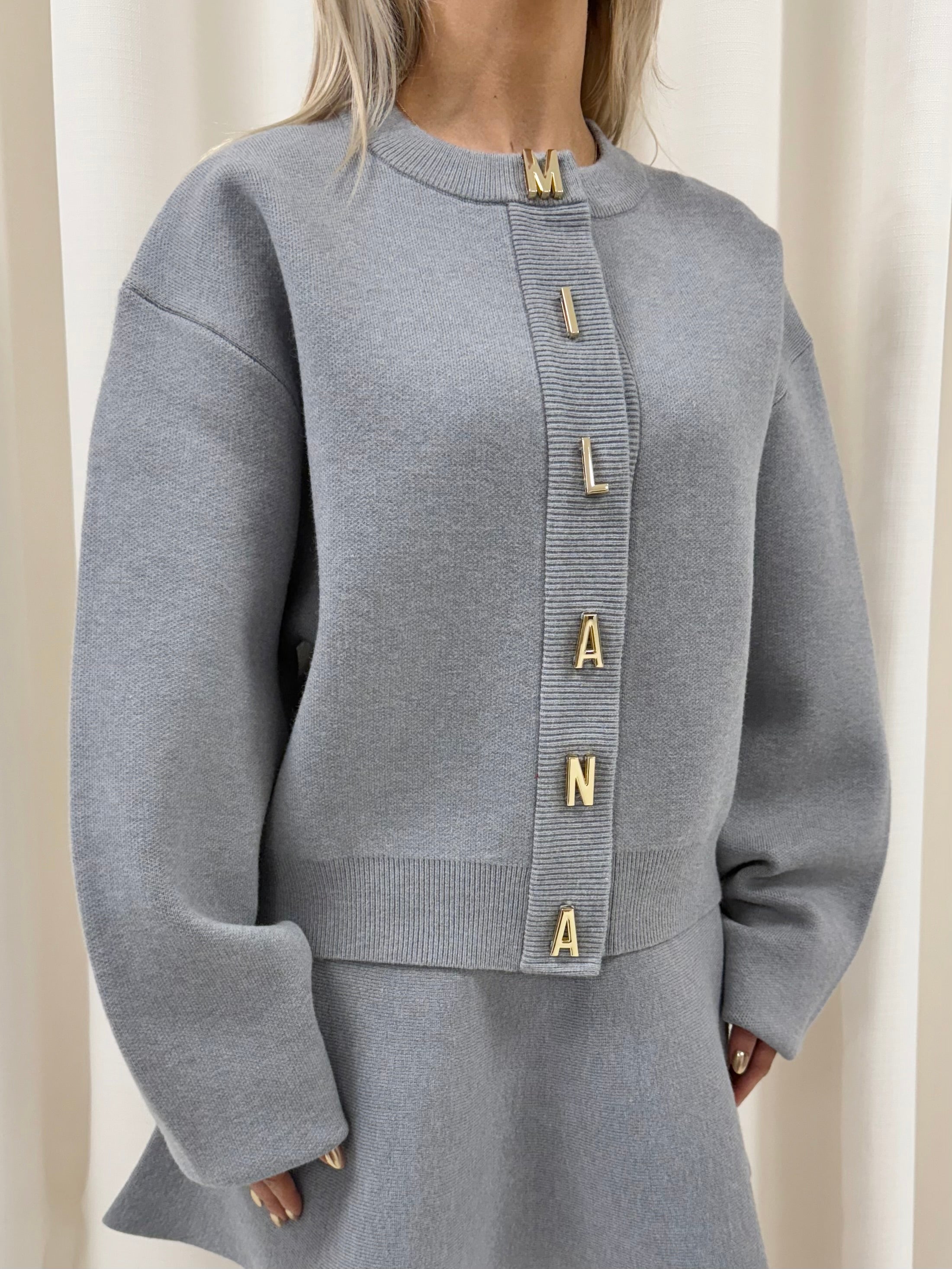 Grey Milana Lettered Knitted Cardigan.