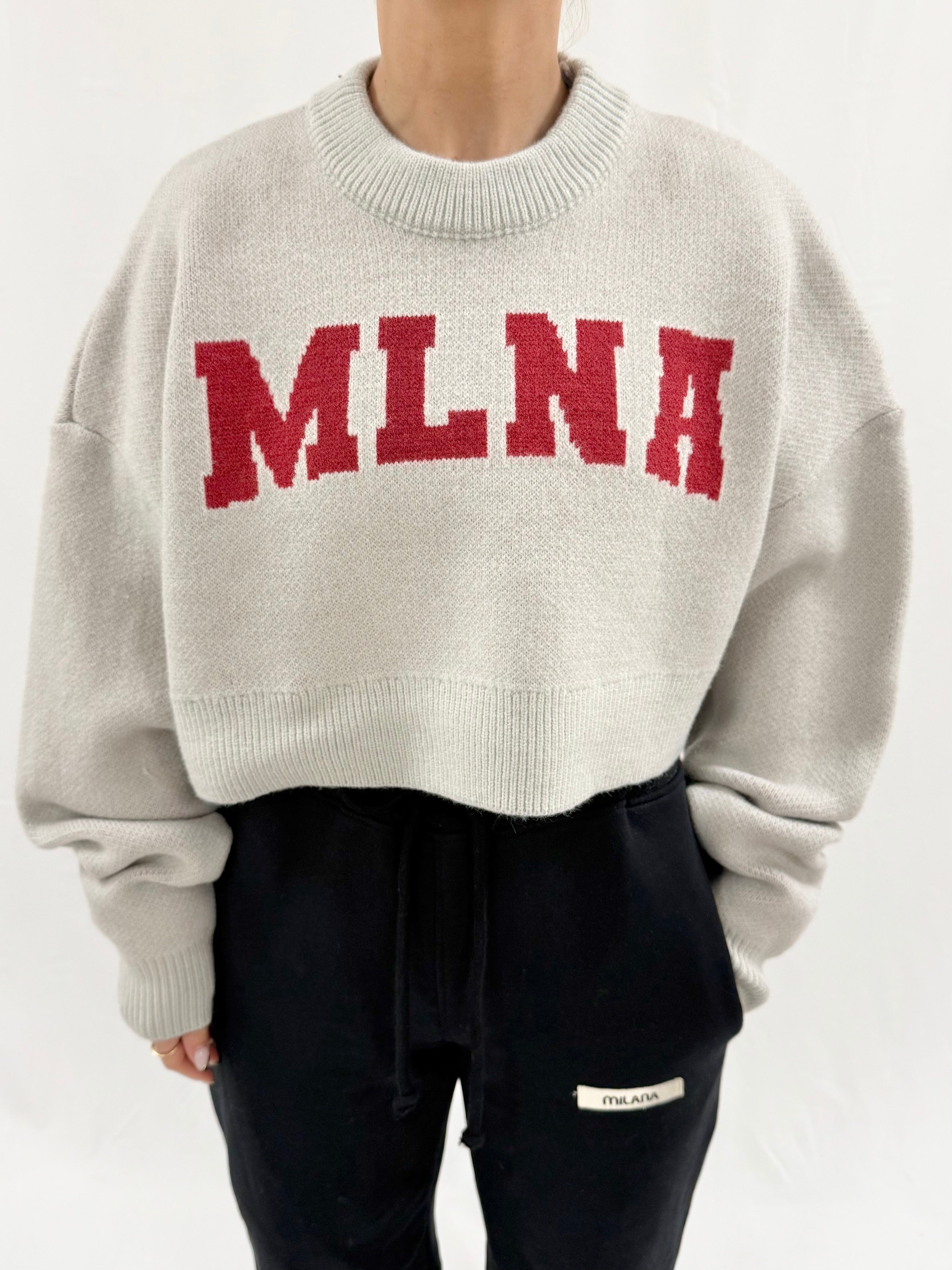 Grey MLNA Heavyweight Cropped Knitted Sweatshirt.