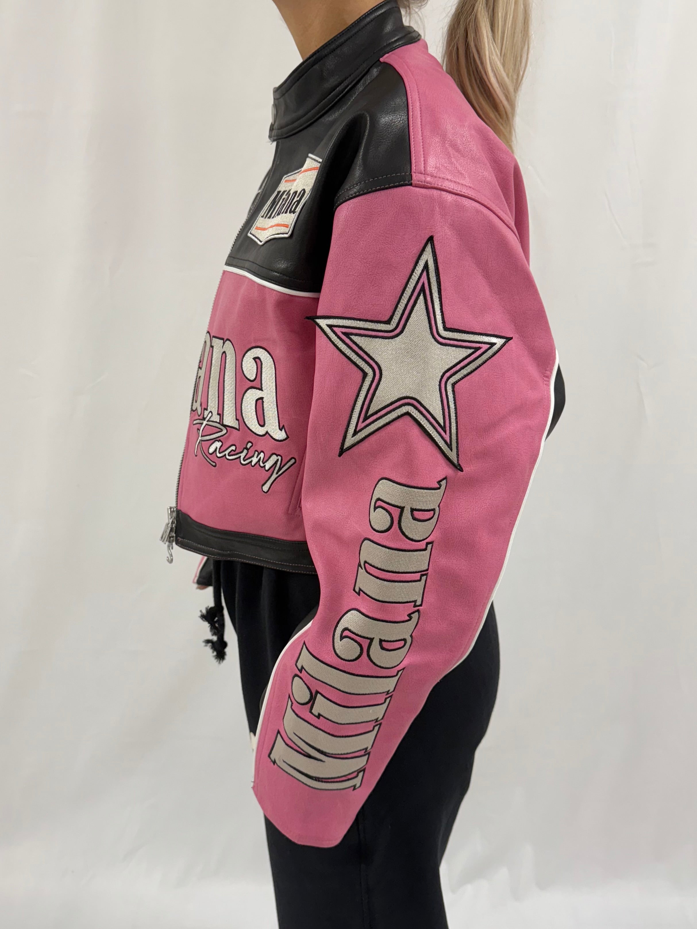 Pink Heavyweight Cropped Leather Biker Jacket.