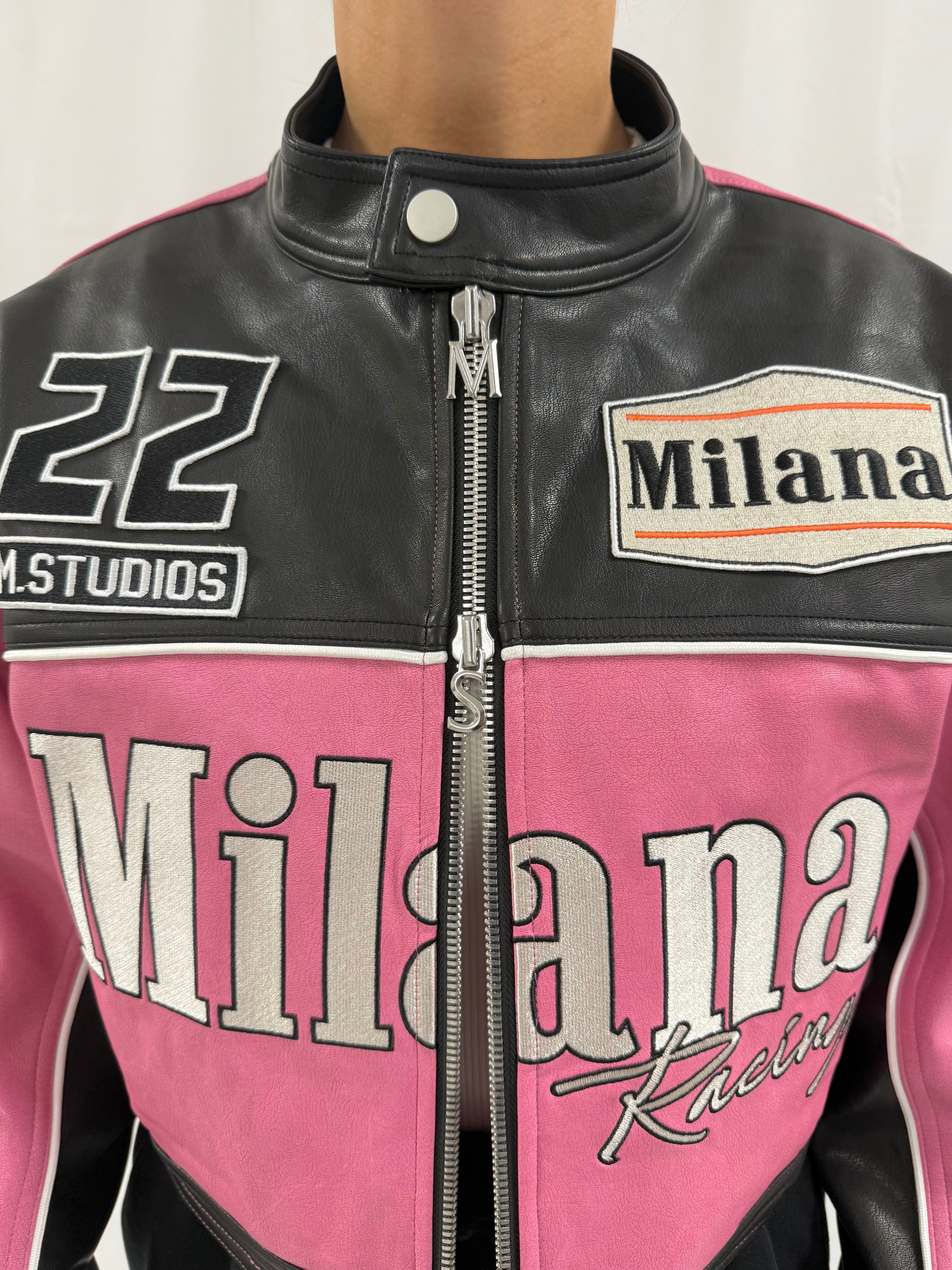 Pink Heavyweight Cropped Leather Biker Jacket.